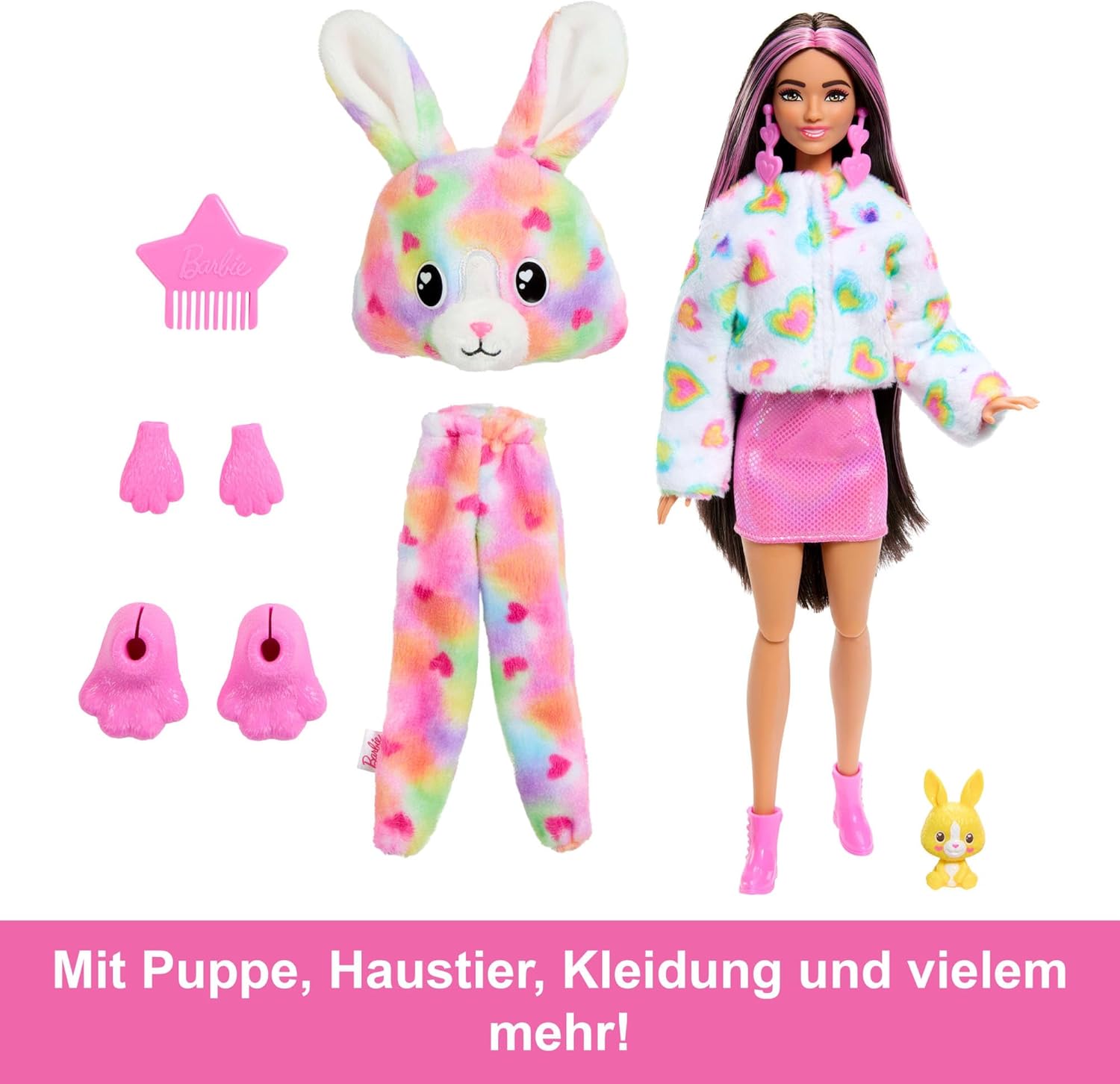 Barbie Cutie Reveal Puppe und Accessoires, Batik-Häschen-Plüschkostüm und 10 Überraschungen mit Farbwechsel, Color Dream-Reihe, HRK38