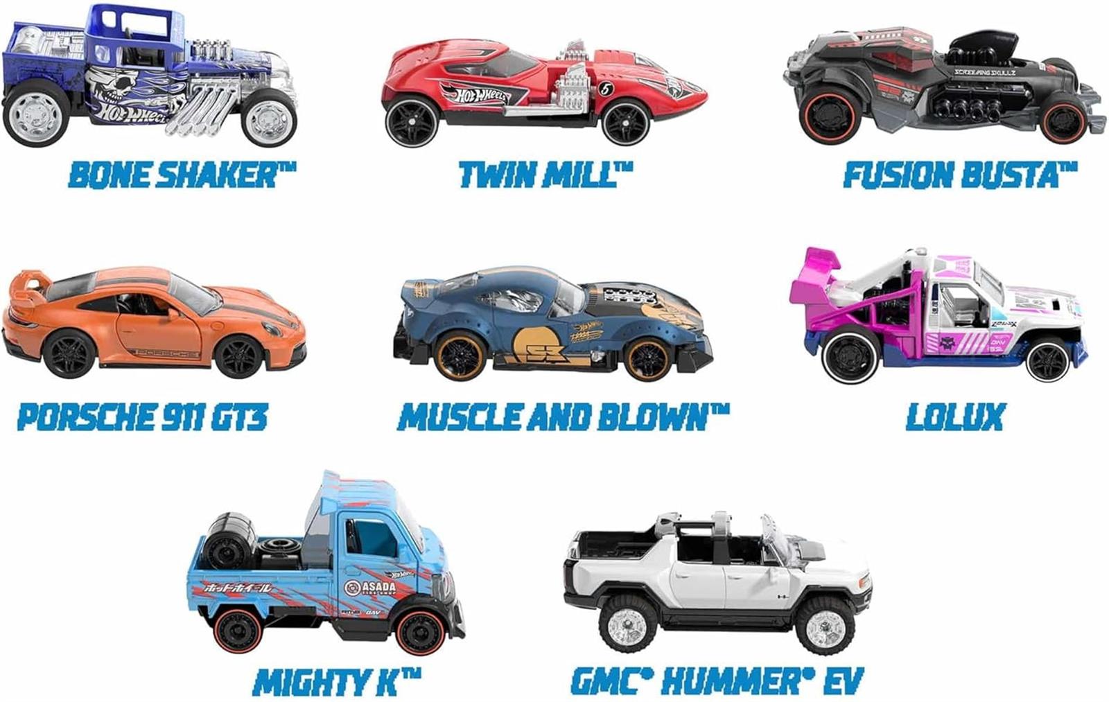 Hot Wheels Pull-Back Speeders Spielzeugauto im Maßstab 1:43, Auto zum Zurückziehen und Loslassen, mit Rolomatic-Motor oder Tür, Kofferraum oder Motorhaube zum Öffnen, Modelle können variieren, HPR70