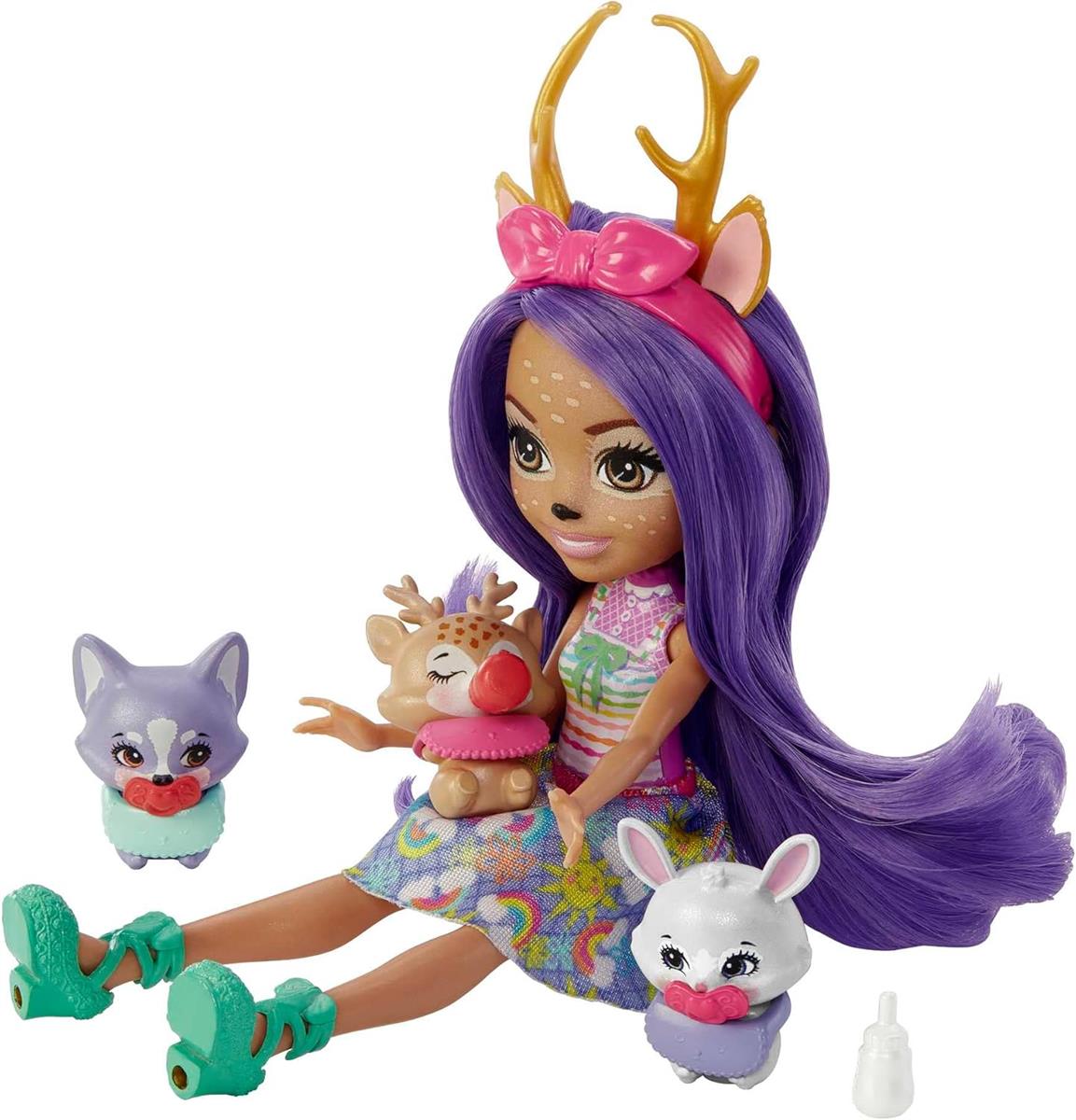Enchantimals Baby Best Friends - Danessa Deer und Sprint Puppe mit 12 Überraschungen in jeder Box, 9 Baby-Zubehörteile, Babytragesitz und Wickeltasche, für magischen Sammelspaß, HLK84