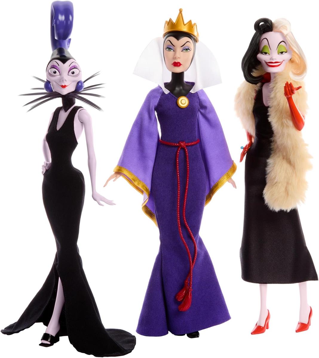Mattel DISNEY Villains Böse Königin, Cruella de Vil & Yzma - Legendäre Schurkinnen Set mit detailreiche Outfits & Accessoires, für Sammler & Kinder, ab 3 Jahren, HRF56