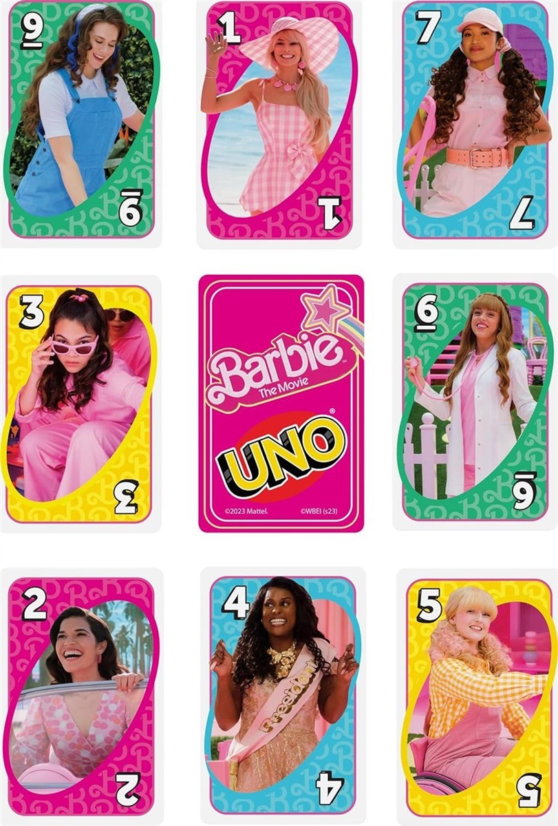 Barbie The Movie - UNO Kartenspiel für Filme Fans mit Lieblingscharakteren und unvergesslichen Szenen, Sonderregel Zu viel gespielt, für 2-10 Spieler ab 7 Jahren, HPY59