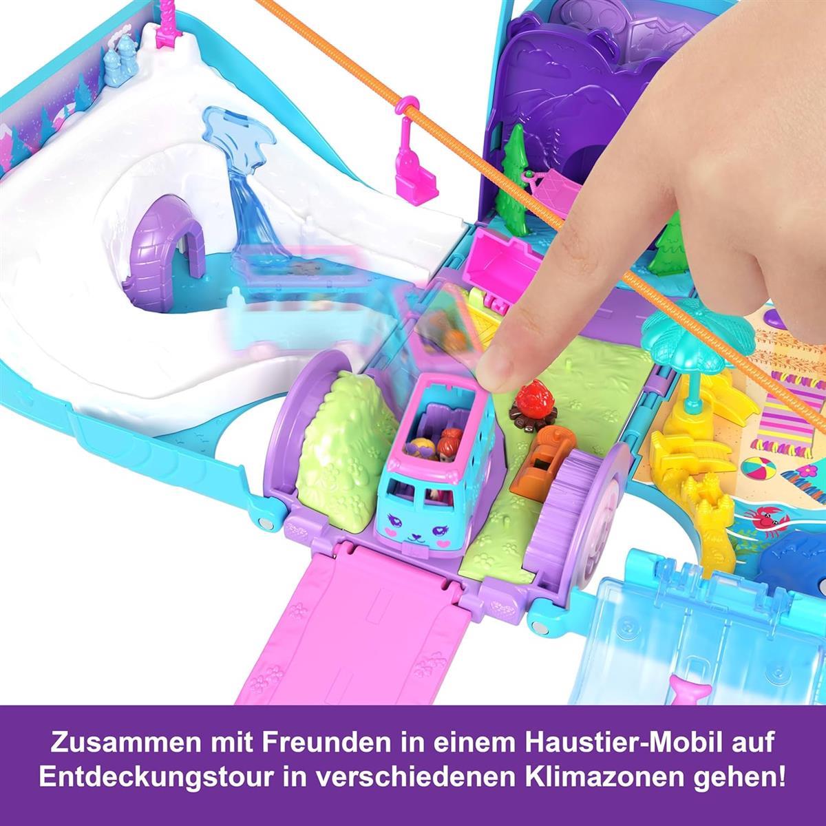 Polly Pocket-Mikropuppen und umwandelbarer Camper, mit Accessoires wie Haustieren und Spielzeugauto, mobiles Haustier-Abenteuer-Spielset, JCC22