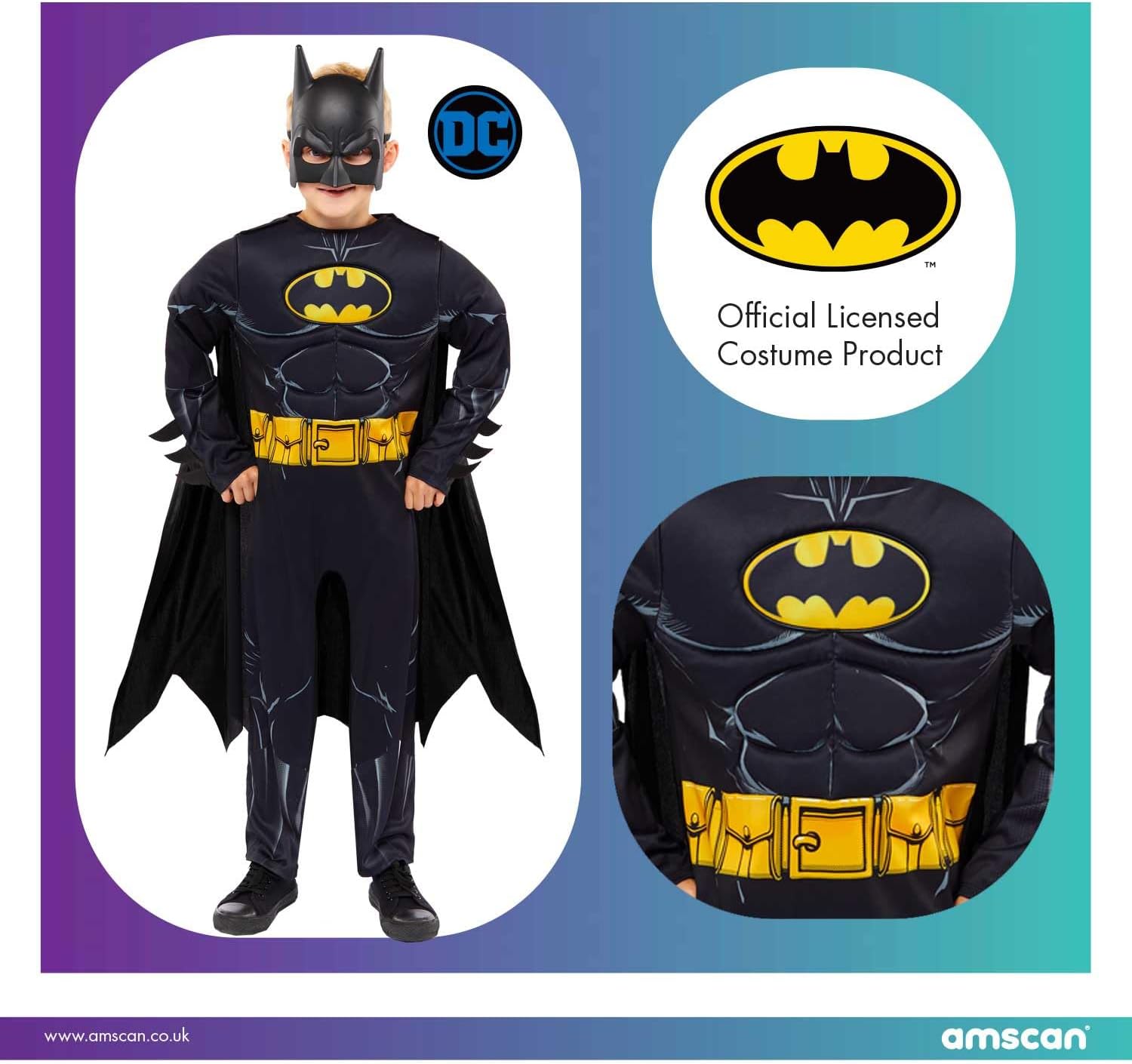 amscan offiziell lizenziertes Comic Muskelbrust Batman Kostüm Kinder Jungen 4-6 Jahre