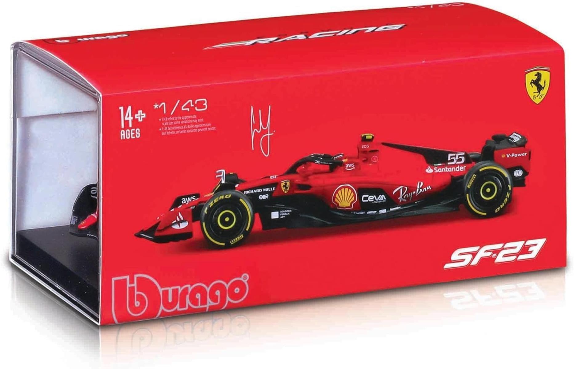 Bburago Formel 1 Ferrari SF-23 (2023: Modellauto Maßstab 1:24 von Fahrer #16 Charles Leclerc Hardcase 26 cm rot (18-26808L)