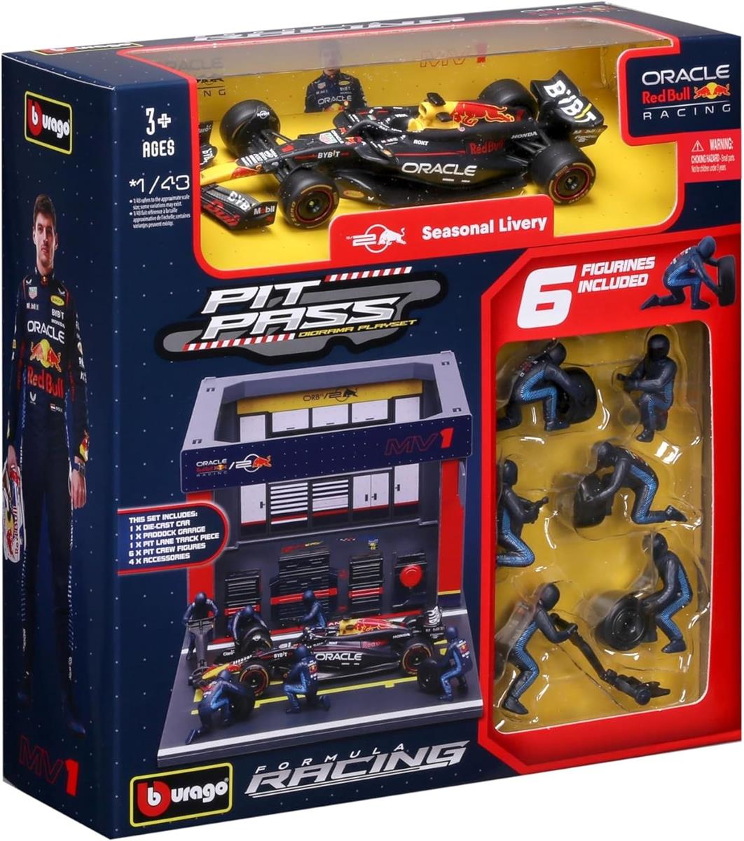 Bburago - Pit Stop Red Bull RB20 2024#1 Verstappen, Spielset mit Diorama, 1:43 und 6 Mechanikern, Detailgetreu, Red Bull-Lizenz, Alter 3+