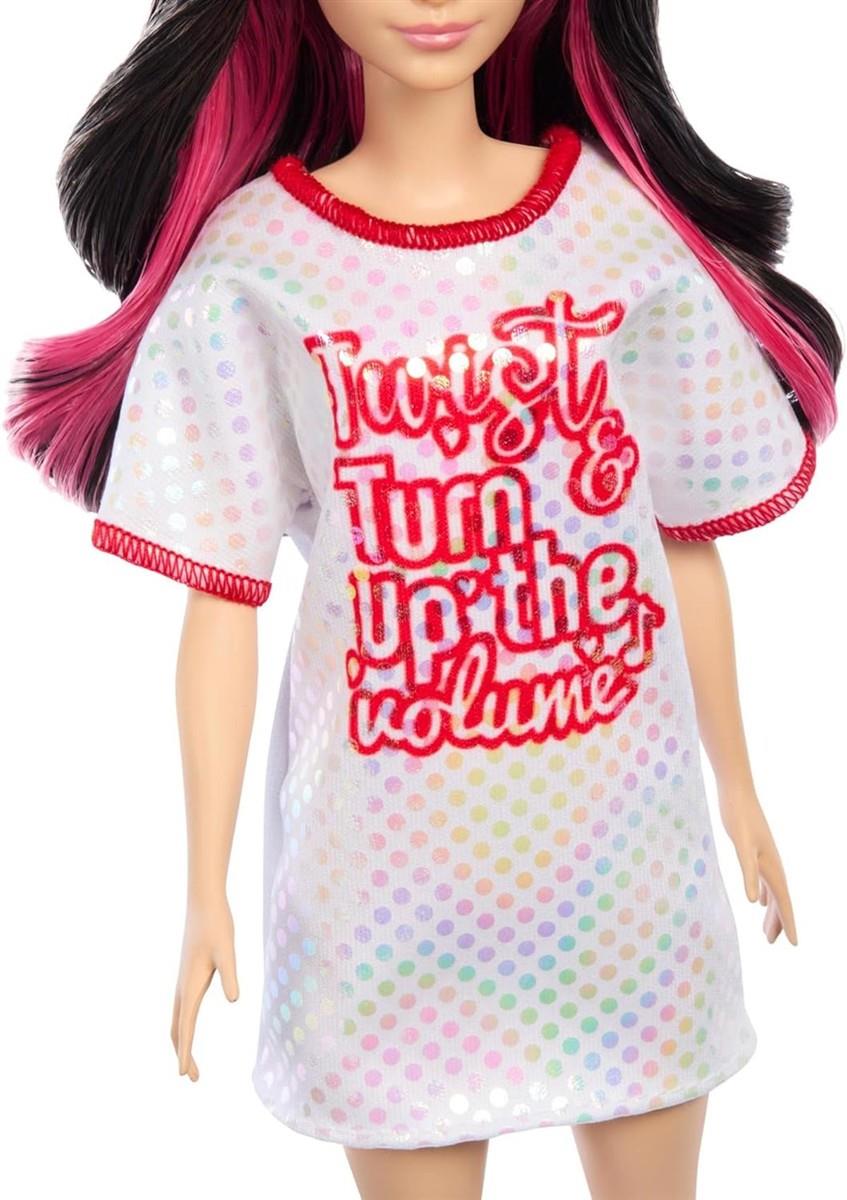 Barbie Fashionistas Puppe Nr. 214 mit schwarzem, gewelltem Haar, Twist ’n Turn-Kleid und Zubehör, Modepuppe zum Sammeln anlässlich des 65. Jubiläums, HRH12