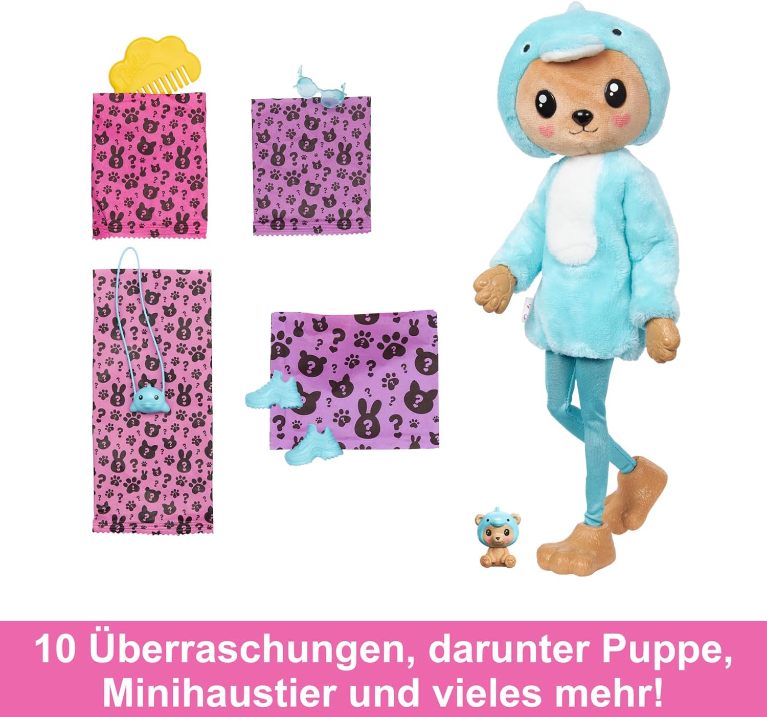 Barbie Cutie Reveal Puppe - 10 Überraschungen, Plüschtierfreunde, Outfits, Farbwechselspaß, Teddybär in Delfin-Plüschkostüm, Colorblock-Haare, Mini-Haustier, Fleece-Jacke, ab 3 Jahren, HRK25