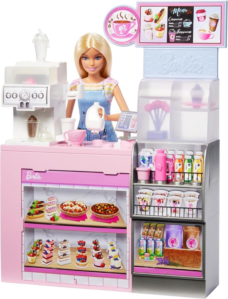 Barbie Naschcafé Spielset mit Blonder Barista-Puppe und über 12 Zubehörteilen, darunter Kaffeemaschine/Smoothie-Maker, Lebensmittel und Tassen, HXN94