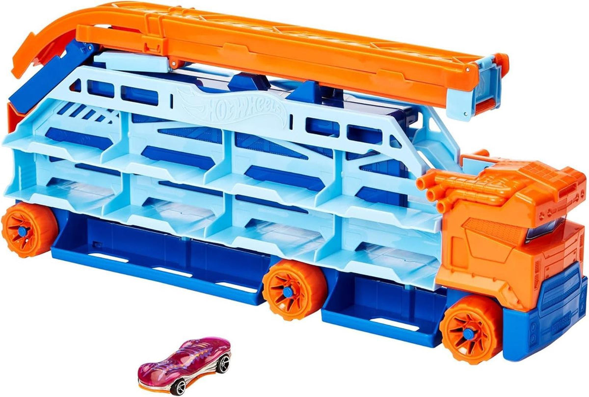 HOT WHEELS City Transporter - mit ausfahrbarer Abfahrtsrampe, Ladefläche für 20 Fahrzeuge und Spezialräder - Geschenk für Kinder ab 4 Jahren, HDY92