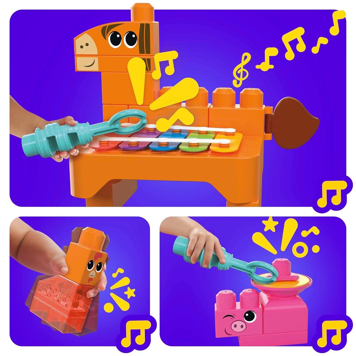 MEGA Blocks Fisher-Price sensorisches Bauspielzeugset, Musikspaß Bauernhoftiere mit 45 Bauklötzen für Kleinkinder und 6 Notenblättern, Geschenkideen für Kinder ab 1 Jahr, HPB46