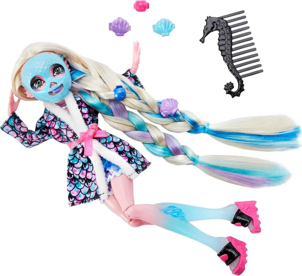 Monster High Puppe, Lagoona Blue Spa Day Set mit Wear and Share Zubehör wie Haarspangen, Haarkreide und Tattoos (HKY69)