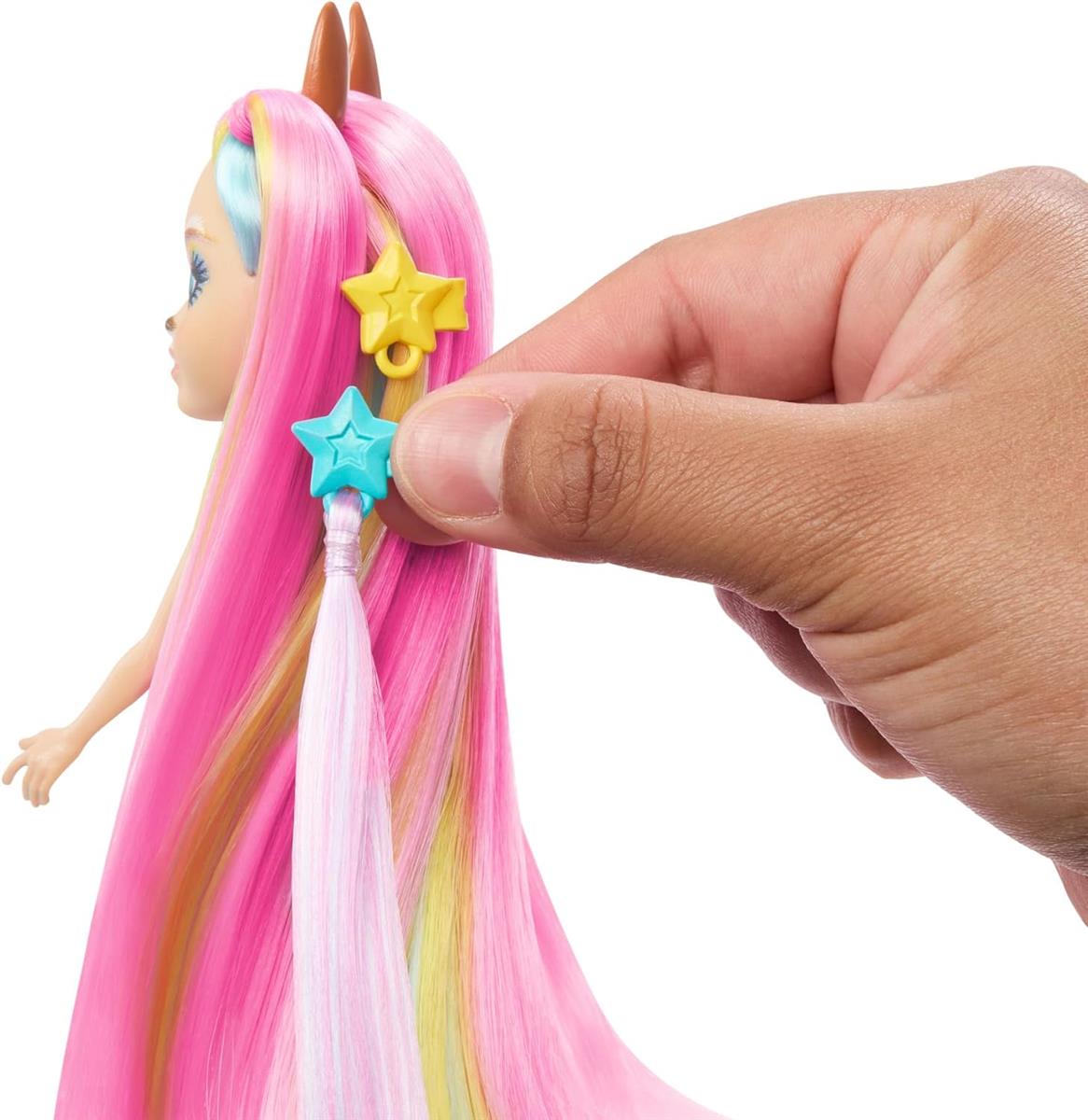 Enchantimals Puppen, Sunshine Beach Deluxe-Hair-Puppe und Tierfreund, kleine Puppe mit abnehmbarem Rock und Zubehör, Geschenke für Kinder, HTJ70