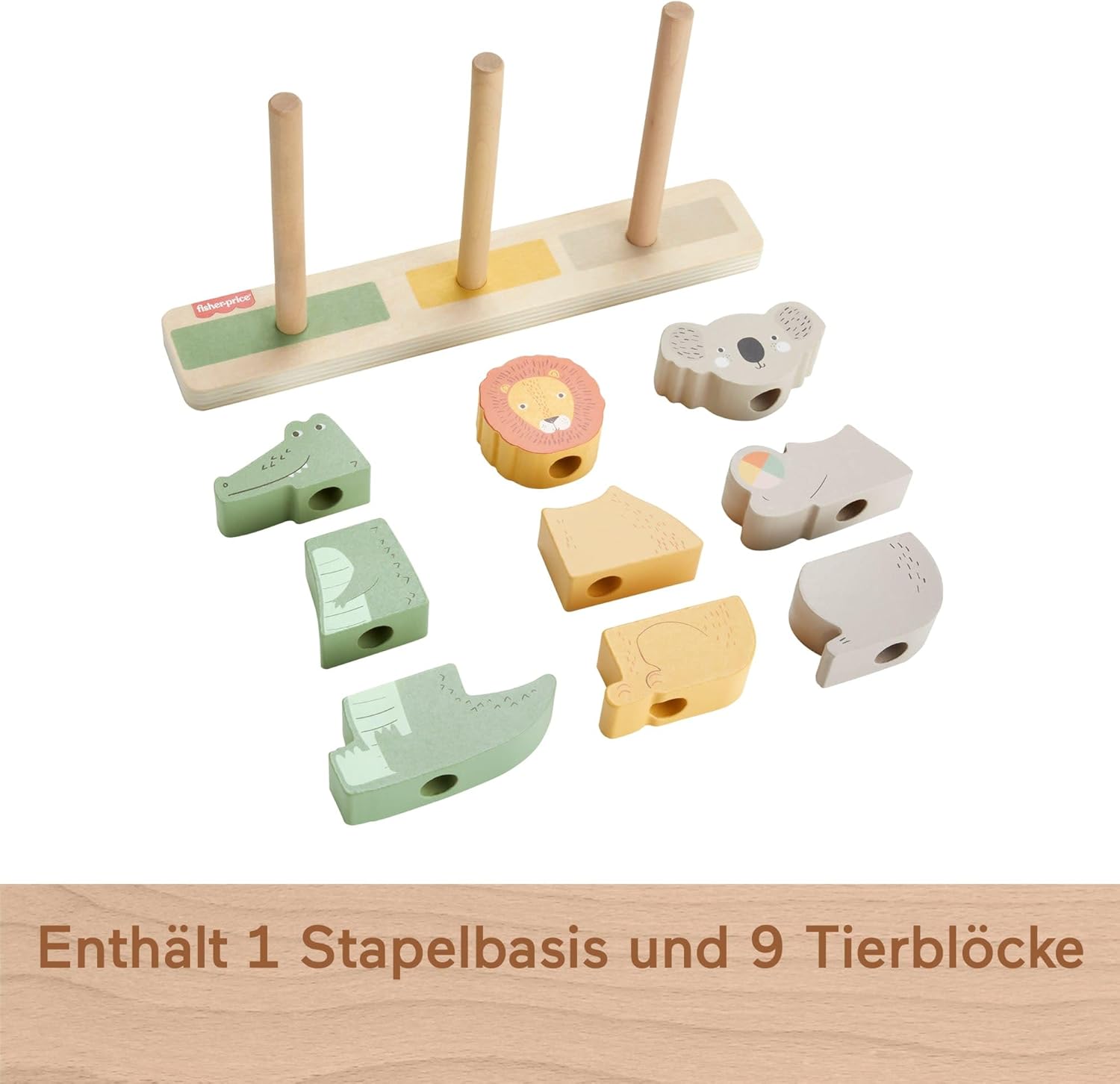Fisher-Price Baby und Kleinkinder Stapel- und Sortiert-Tierwelt aus Holz, 10 Holzteile für die spielerische Entwicklung ab 1 Jahr, HXV04