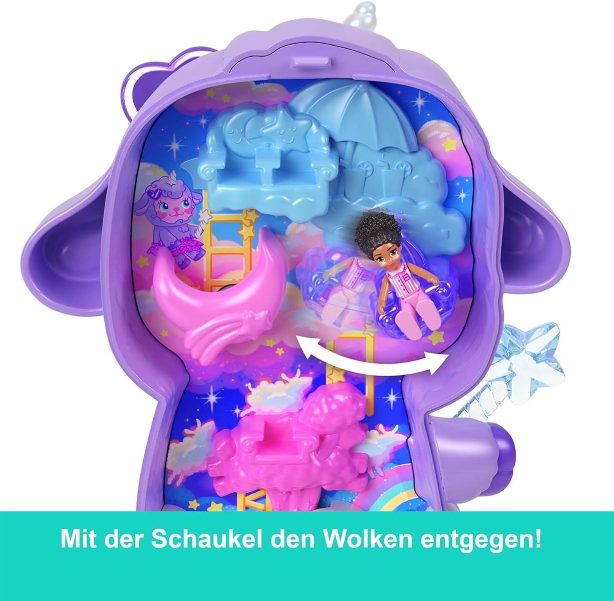 Polly Pocket Puppen und Spielset, Traumland-Schatulle in Lammform, Reisespielzeug mit 1 Minipuppe, Haustier-Einhorn, Futter- und Stylingzubehör, JCB15