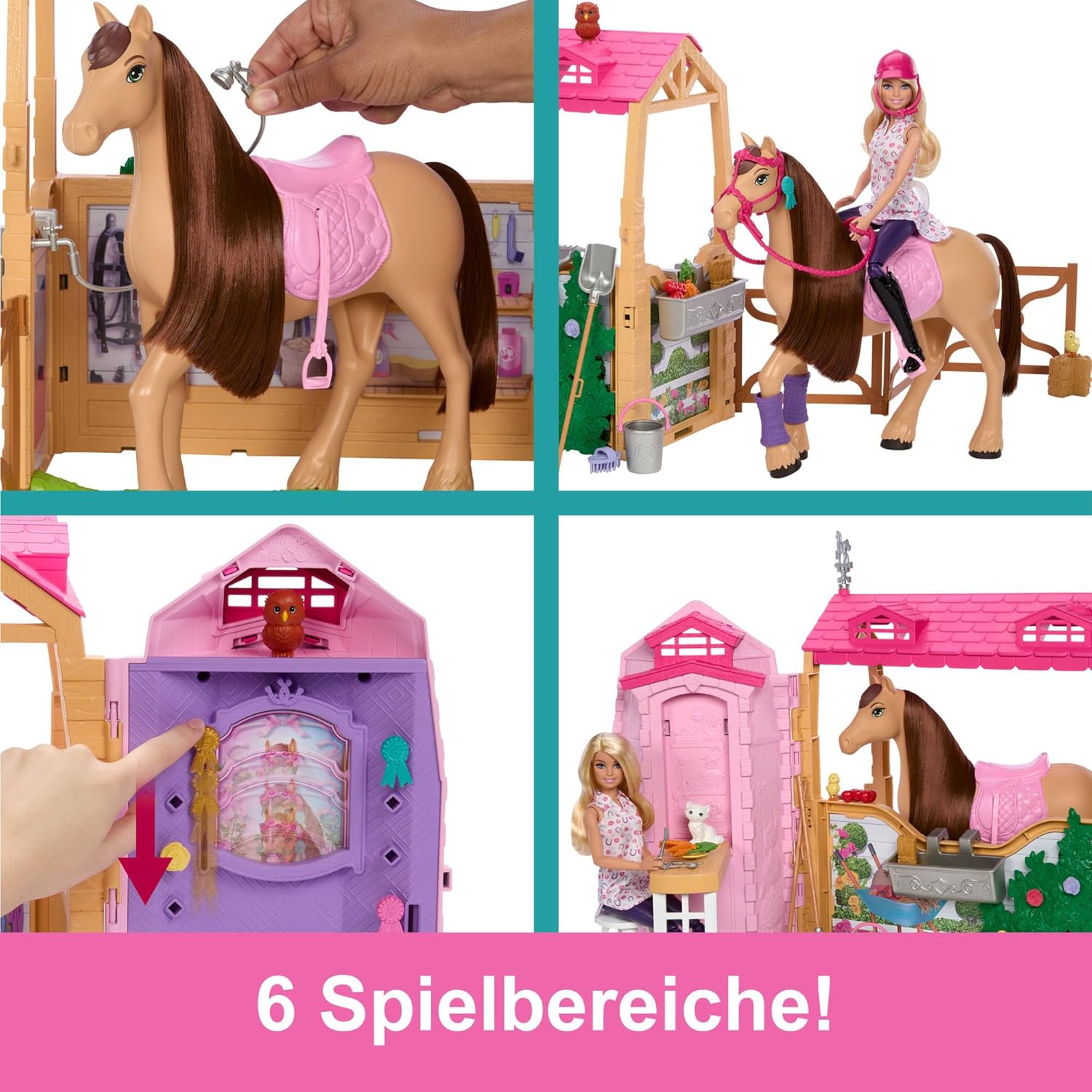 Barbie Spielzeugstall-Spielset mit Puppe, Pferd und Zubehör, mehr als 25 Teile mit 6 Spielbereichen, inspiriert von Barbie Mysteries: Das geheimnisvolle Pferdeabenteuer“, HXJ44