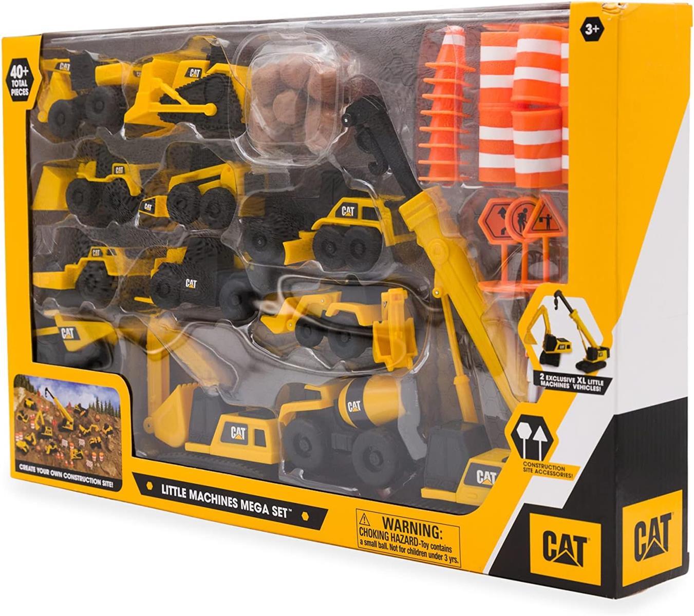 CAT® Construction Little Machines Mega-Set I Mit 40 Teilen I Enthält Fahrzeuge, einen Kran, Verkehrsschilder, Kegel, Blöcke und Zylinder I Für Kinder ab 3 Jahren, Yellow, 1:64