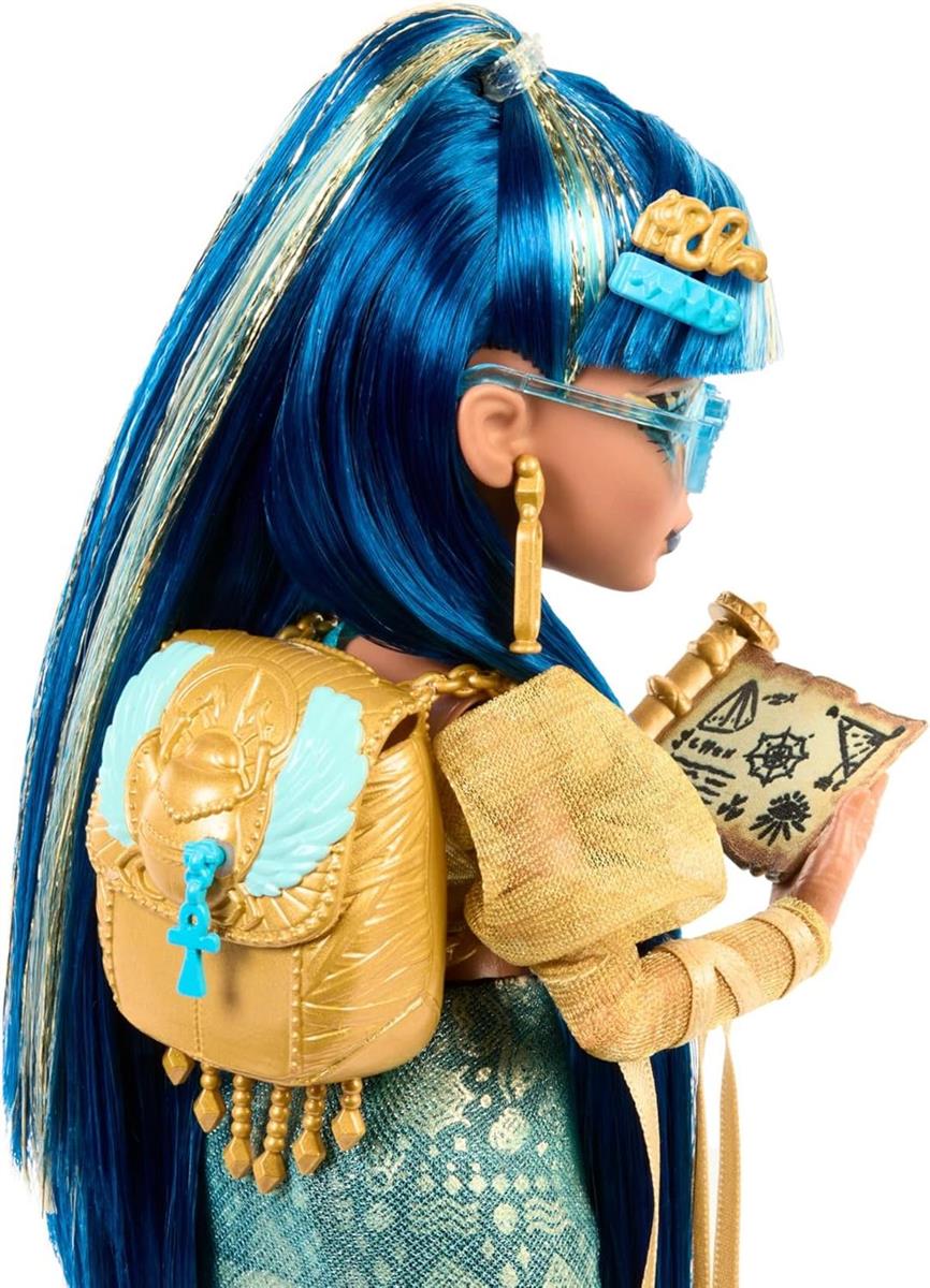 Monster High Cleo De Nile Puppe in goldener Bluse und mehrlagigem Rock  Accessoires HXH74 4+