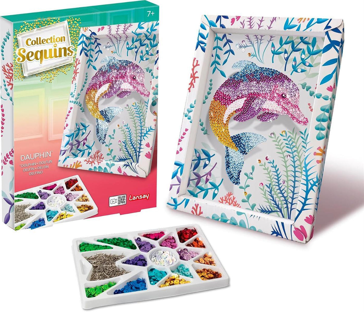 Lansay - COLLECTION SEQUINS - Delfin - Paillettenbild Bastelset für Kinder ab 7 Jahren - DIY Glitzermosaik inkl. Rahmen, bunten Pailletten & Nadeln - Kreative Zimmerdeko & Basteln Geschenkidee