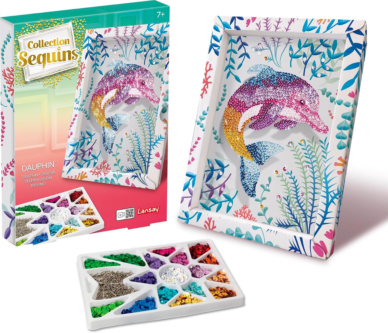 Lansay - COLLECTION SEQUINS - Delfin - Paillettenbild Bastelset für Kinder ab 7 Jahren - DIY Glitzermosaik inkl. Rahmen, bunten Pailletten & Nadeln - Kreative Zimmerdeko & Basteln Geschenkidee