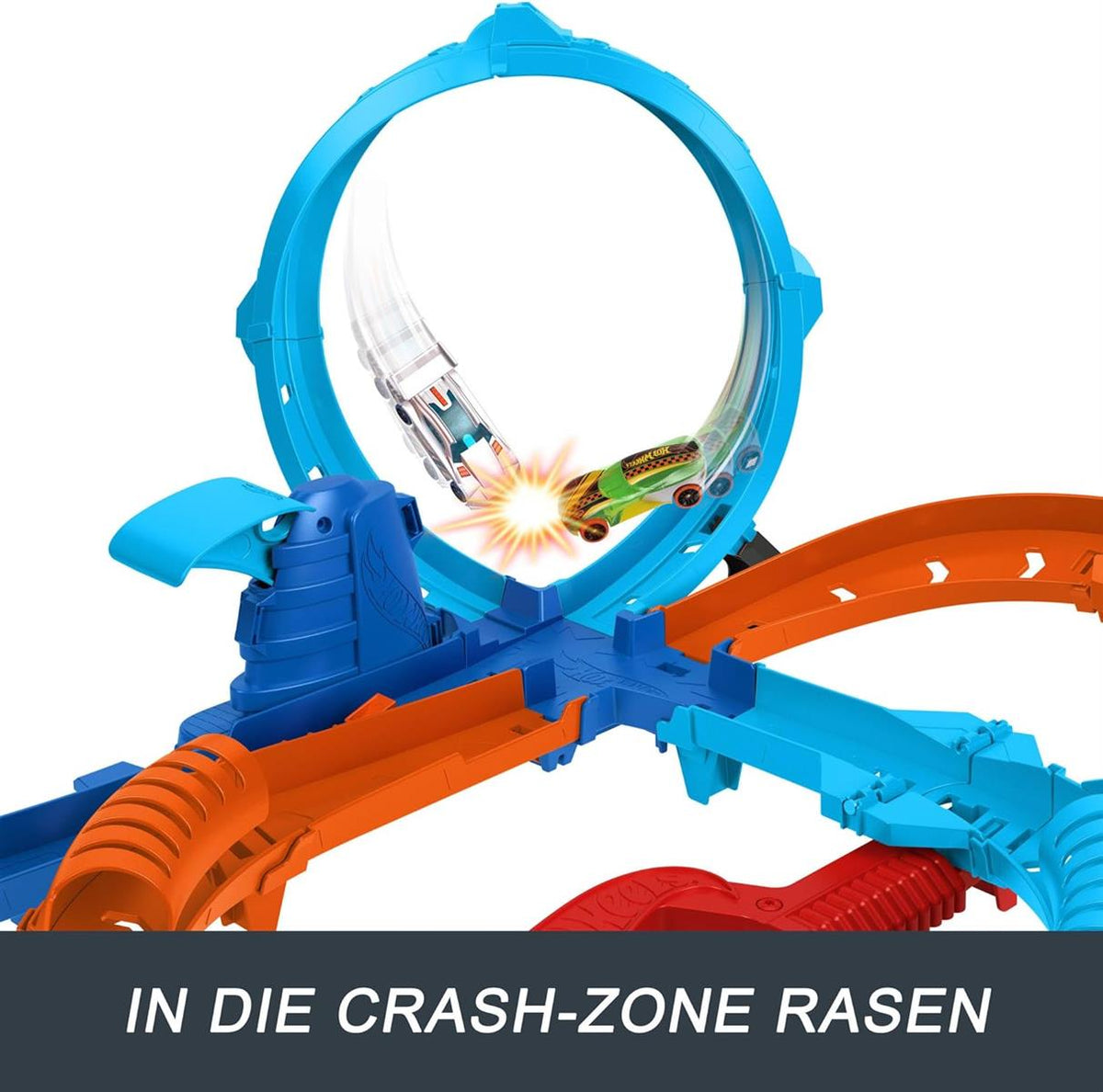 Hot Wheels Spielzeugauto Trackset, Ultra Hots Rasanter Wettkampfstart mit 2 Fahrzeugen im Maßstab 1:64, Kopf-an-Kopf-Rennen und Stunts, 2 manuell bedienbare Starter, HXR71