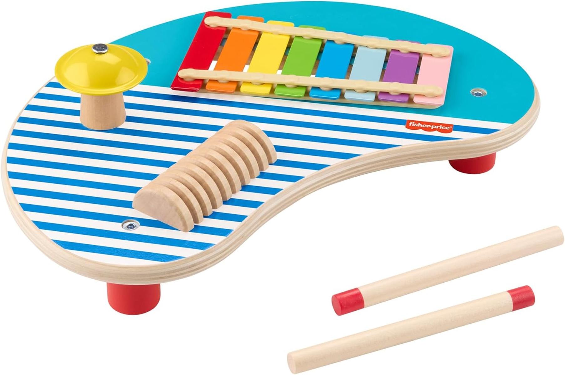 Fisher-Price Kleinkinderspielzeug Holz-Musiktisch mit Percussion-Instrumenten, 3 Holzteile für Kinder ab 2 Jahren, HXT91