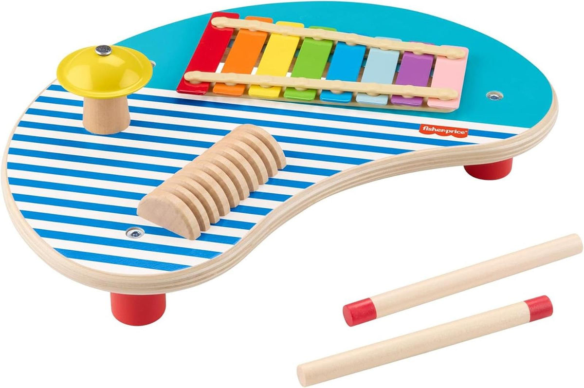 Fisher-Price Kleinkinderspielzeug Holz-Musiktisch mit Percussion-Instrumenten, 3 Holzteile für Kinder ab 2 Jahren, HXT91