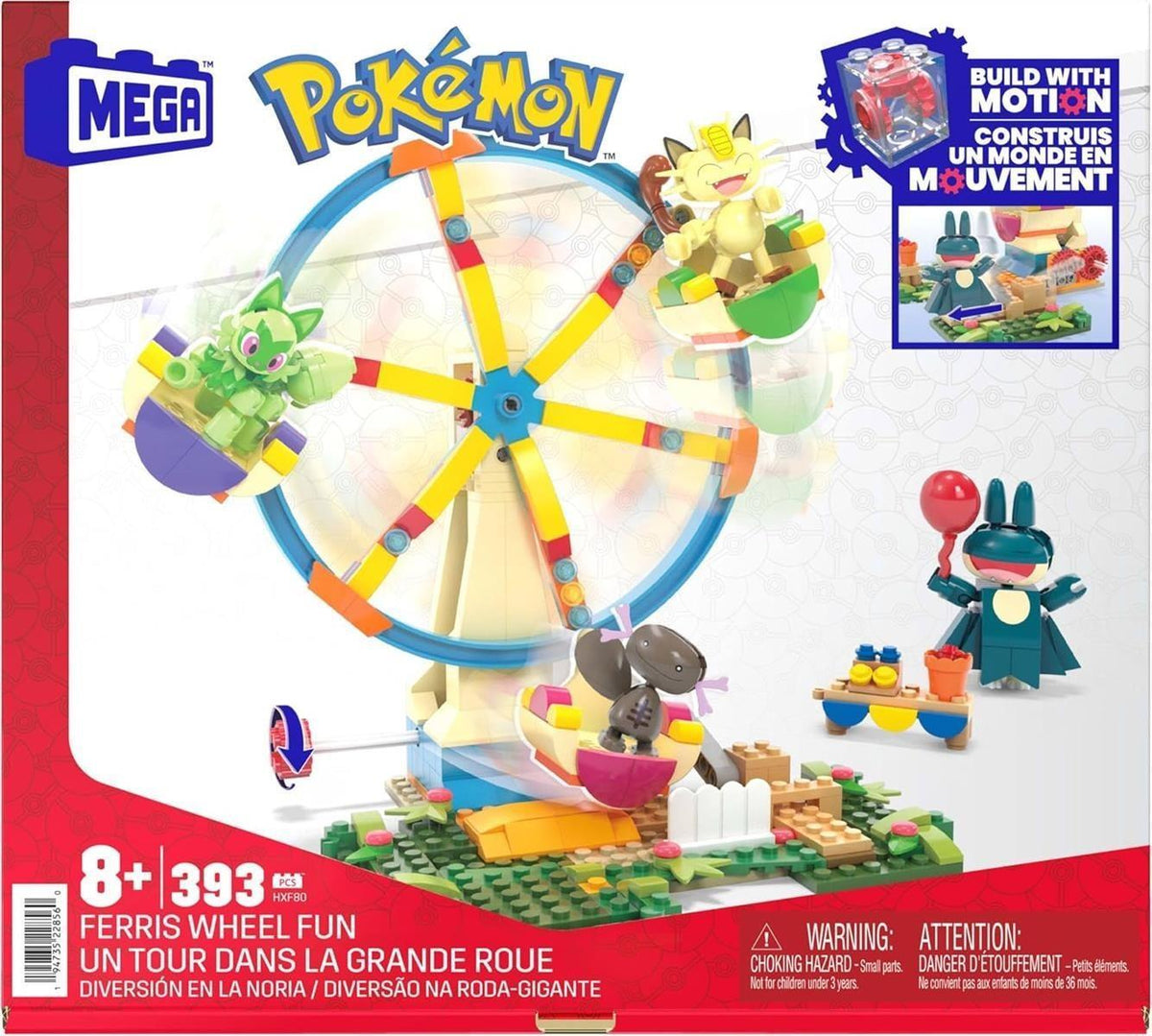 MEGA Pokémon Actionfigur Bauspielzeug, Spaß auf dem Riesenrad mit 393 Teilen und beweglichem Felori, Mampfaxo, Mauzi und Felino, für Kinder, HXF80