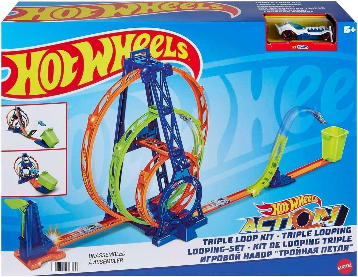 Hot Wheels Bahn Triple Looping, Autorennbahn Bauset für Hot Wheels Autos, mit 3 Looping Tracks, inkl. 1 Spielzeugauto, zusammenklappbar, Auto Spielzeug, Spielzeug ab 6 Jahre, HMX38
