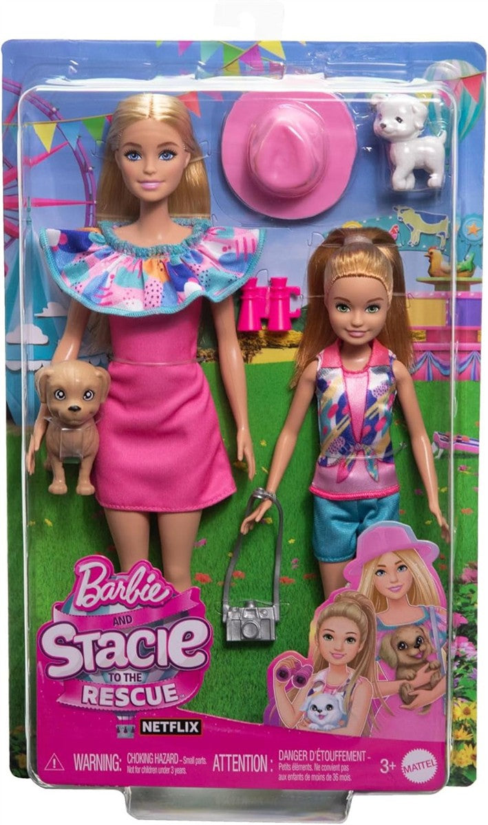 Barbie und jüngere Schwester Stacie - Sorgen für Geschwisterabenteuer in sommerlicher Kleidung und Accessoires, inklusive Kamera, Fernglas, Sommerhut und Zwei Hündchen, für Kinder ab 3 Jahren, HRM09