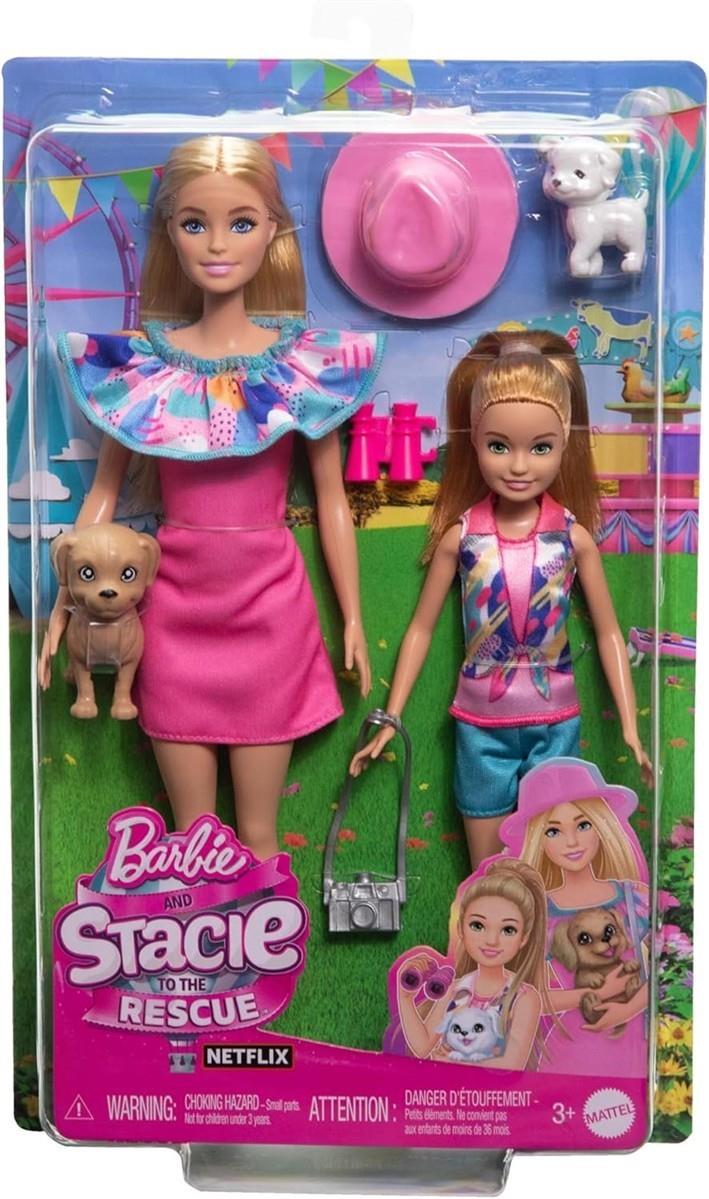 Barbie und jüngere Schwester Stacie - Sorgen für Geschwisterabenteuer in sommerlicher Kleidung und Accessoires, inklusive Kamera, Fernglas, Sommerhut und Zwei Hündchen, für Kinder ab 3 Jahren, HRM09