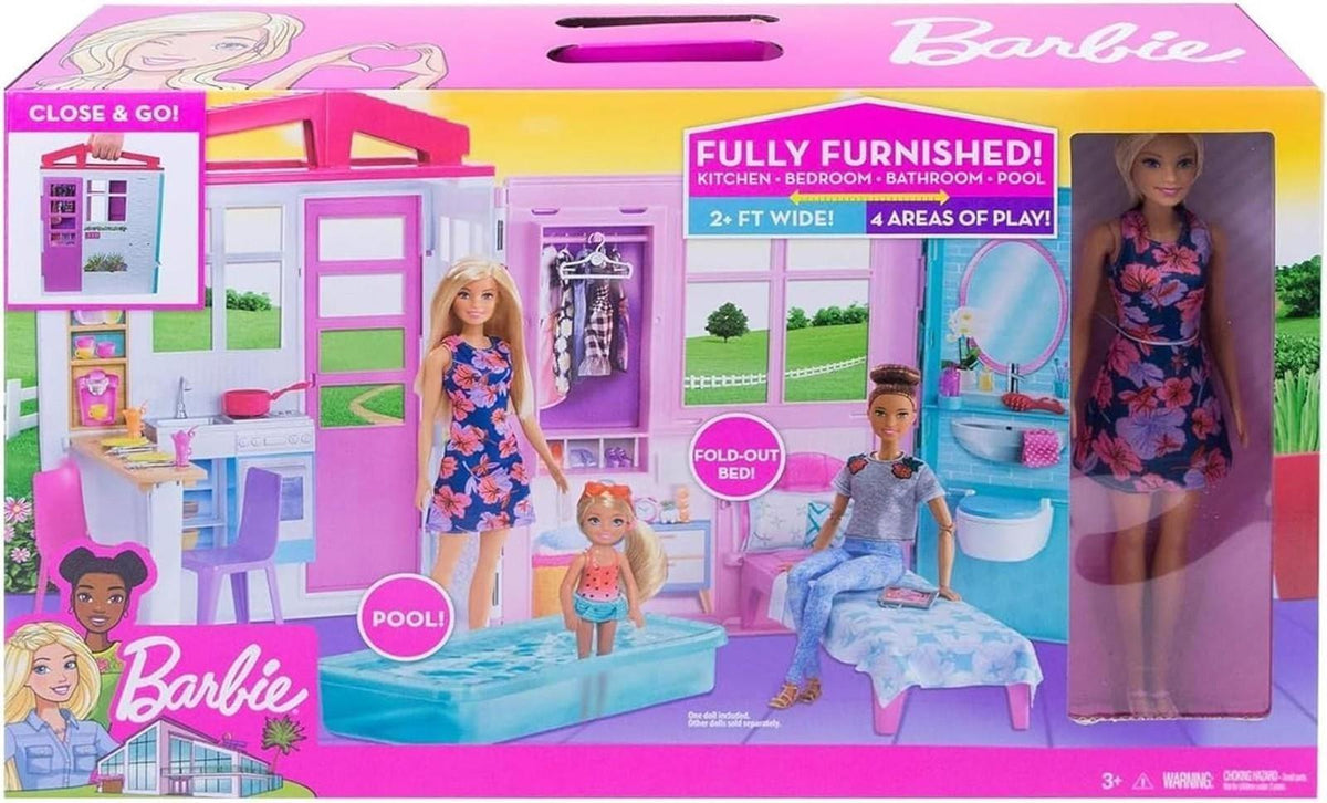 Barbie-Haus mit Küche, Schlafzimmer, Badezimmer, Pool, komplett eingerichtet Möbeln, verschließbar mit Aufbewahrungsgriff, Puppen, Geschenke für Kinder ab 3 Jahren, GWY84