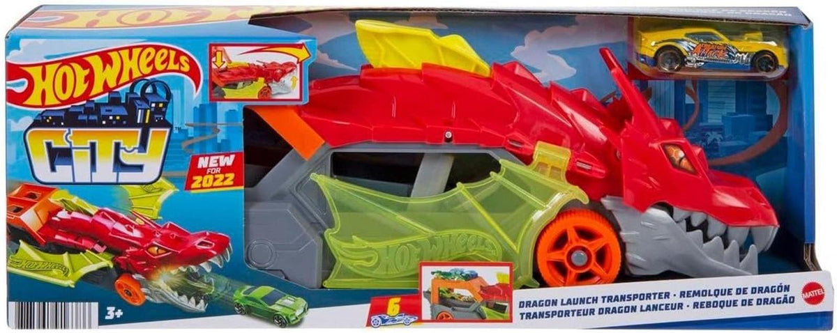 Hot Wheels City Spielzeugauto Track-Set, Drachen-Starter-Transporter und Auto im Maßstab 1:64, schießt Fahrzeuge aus Maul des Biests, zur Aufbewahrung von bis zu 5 Fahrzeugen