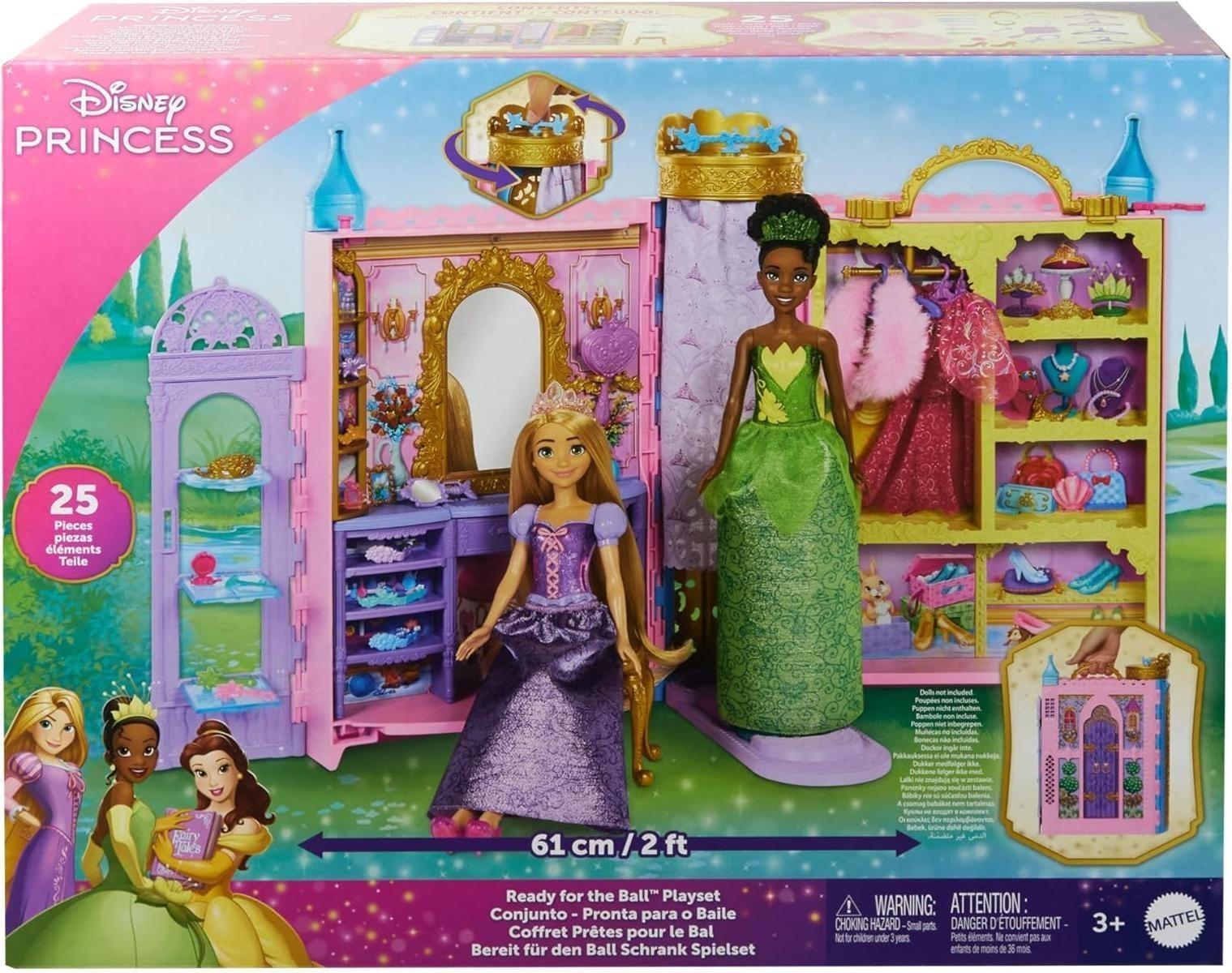 Mattel Disney Prinzessin-Schrankspielset mit 2 Kleidungsstücken, 25 Zubehörteilen, Frisiertisch, Ankleidezimmer, Laufsteg und Aufbewahrung, erweiterbar auf bis zu ca. 60 cm, vom Film inspiriert HXC20