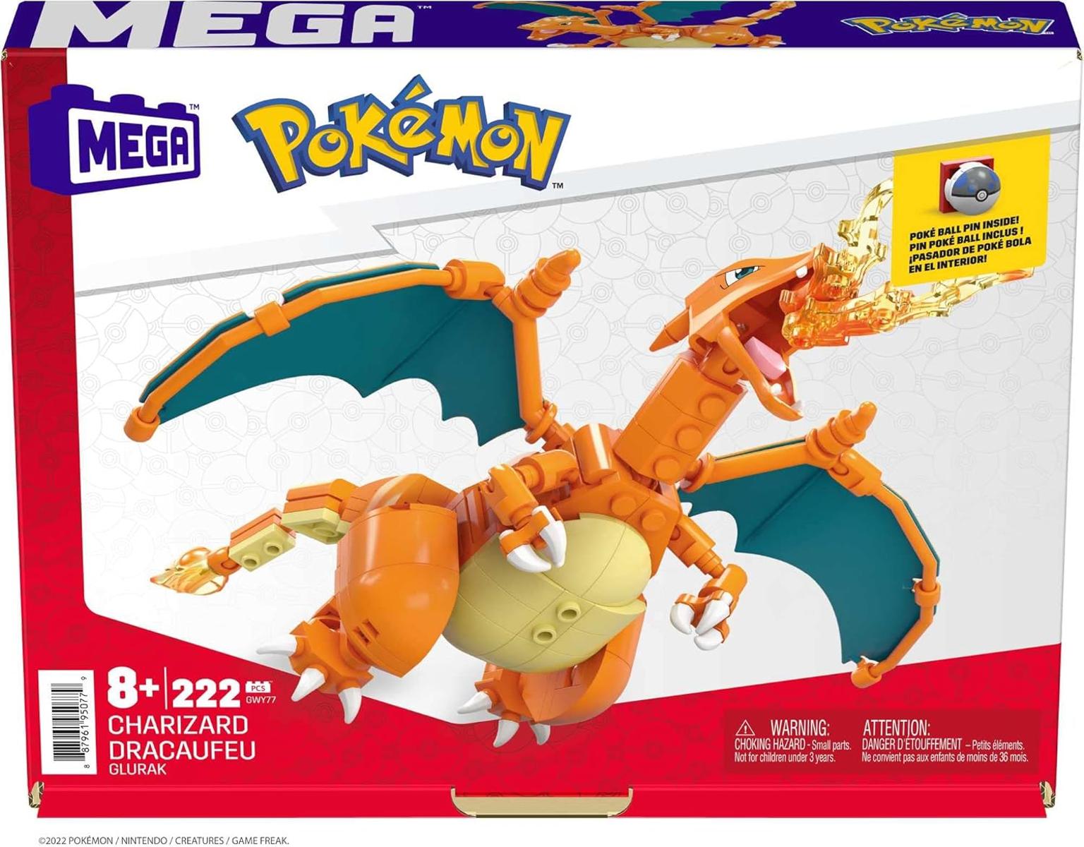 Mega Pokémon Glurak, Figur zum Zusammenbauen, 223 Bausteinen, mit beweglichen Flügeln und Pokéball-Stift, Pokémon Spielzeug, ab 6 Jahre, GWY77