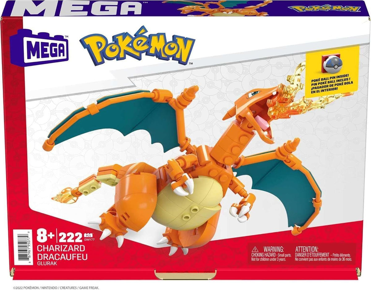 Mega Pokémon Glurak, Figur zum Zusammenbauen, 223 Bausteinen, mit beweglichen Flügeln und Pokéball-Stift, Pokémon Spielzeug, ab 6 Jahre, GWY77