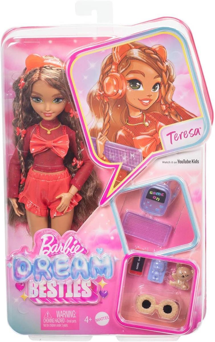 Barbie Dream Besties Puppe und Accessoires, bewegliche Teresa-Modepuppe mit braunem Haar und Haarspangen, 10 Teile zum Thema Videospiele, HYC23