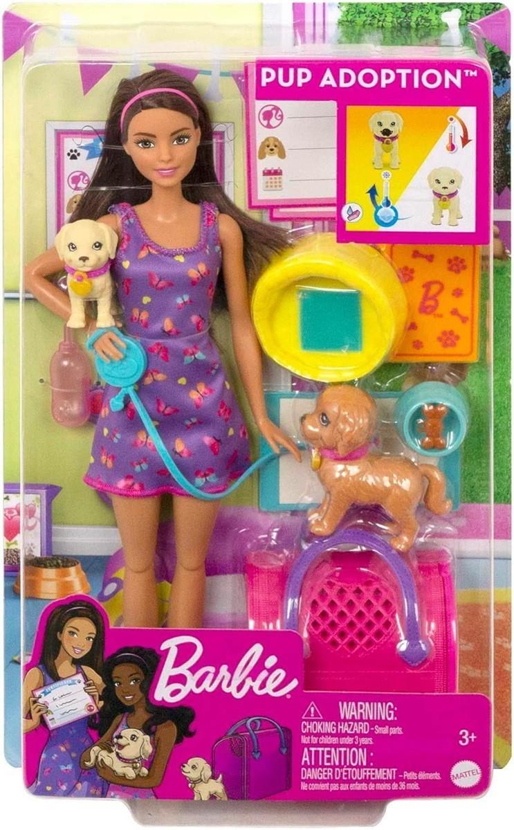 Barbie Welpenadoption Puppe und 2 Welpen mit Adoptionszertifikate Farbwechseleffekt Transportbox + Zubehör für Kinder ab 3 Jahren, HKD86