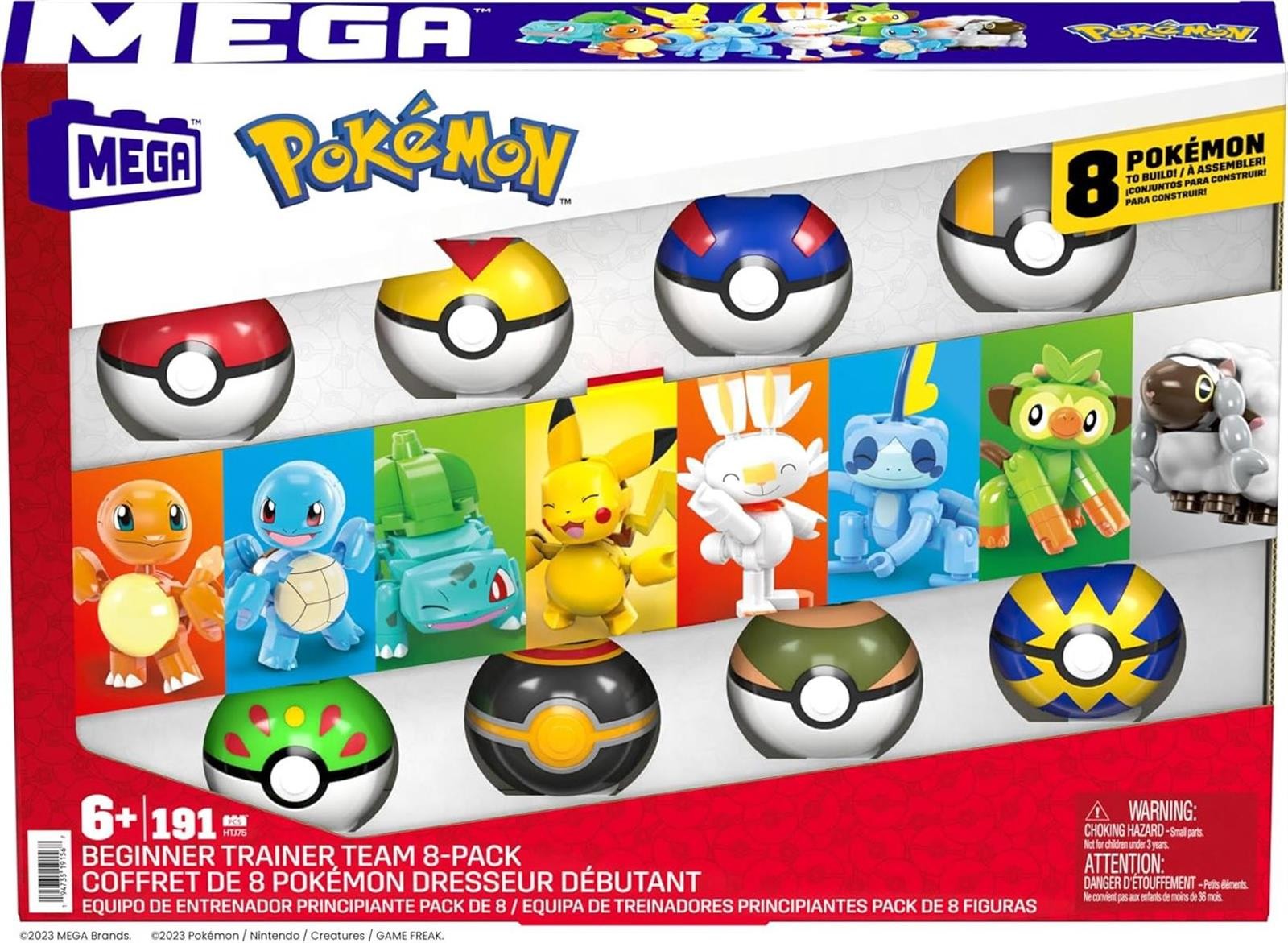 MEGA Pokémon Trainerteam - Pikachu, Bisasam, Glumanda, Schiggy, Hopplo, Chimpep, Memmeon und Wolly und 8 Pokébällen zum Ausstellen, für Kinder ab 6 Jahren, HTJ75