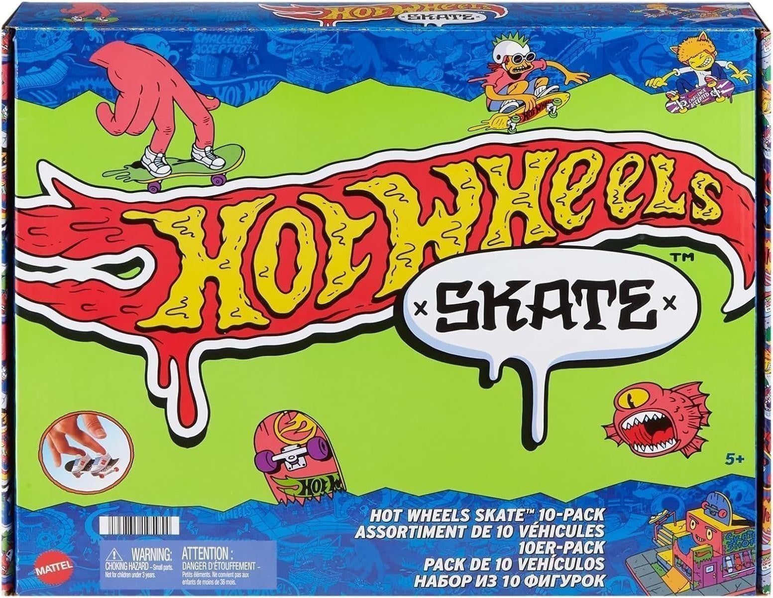 Hot Wheels Skate-Fingerboards 10er-Pack, Set aus 10 Finger-Skateboards mit 5 Paar abnehmbaren Skateboard-Schuhen im Hot Wheels Design, HTP59