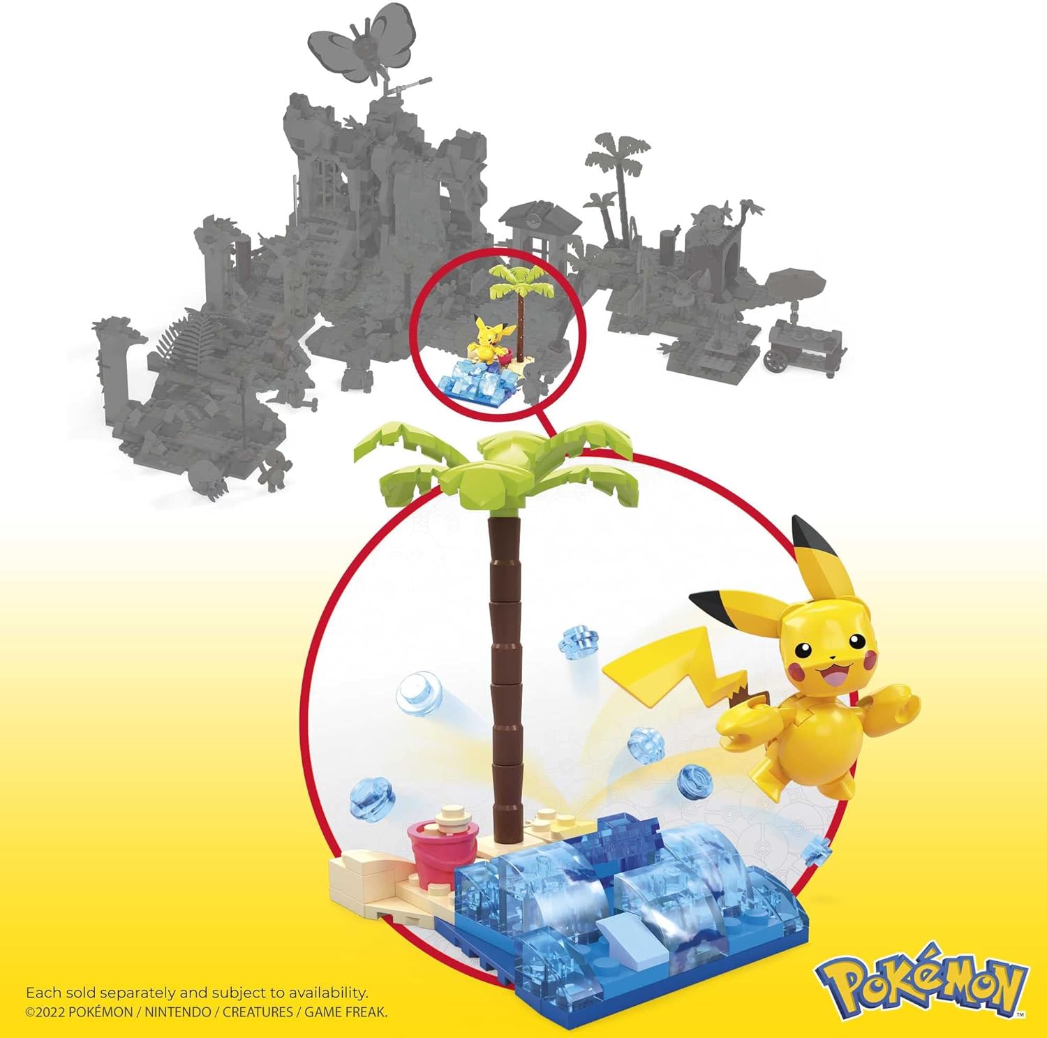 MEGA HDL76 - Pokémon Pikachus Strandtag Bauset mit 79 kompatiblen Bausteinen und Teilen zum Verbinden mit anderen Welten, Konstruktionsspielzeug, Spielzeug-Geschenkset für Kinder ab 7 Jahren
