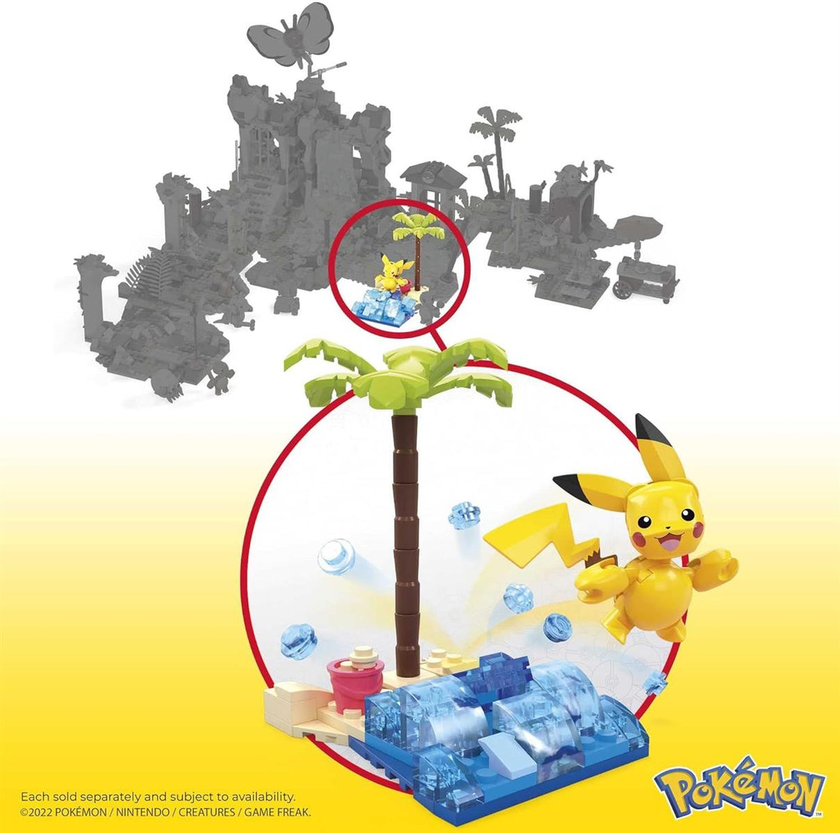 MEGA HDL76 - Pokémon Pikachus Strandtag Bauset mit 79 kompatiblen Bausteinen und Teilen zum Verbinden mit anderen Welten, Konstruktionsspielzeug, Spielzeug-Geschenkset für Kinder ab 7 Jahren