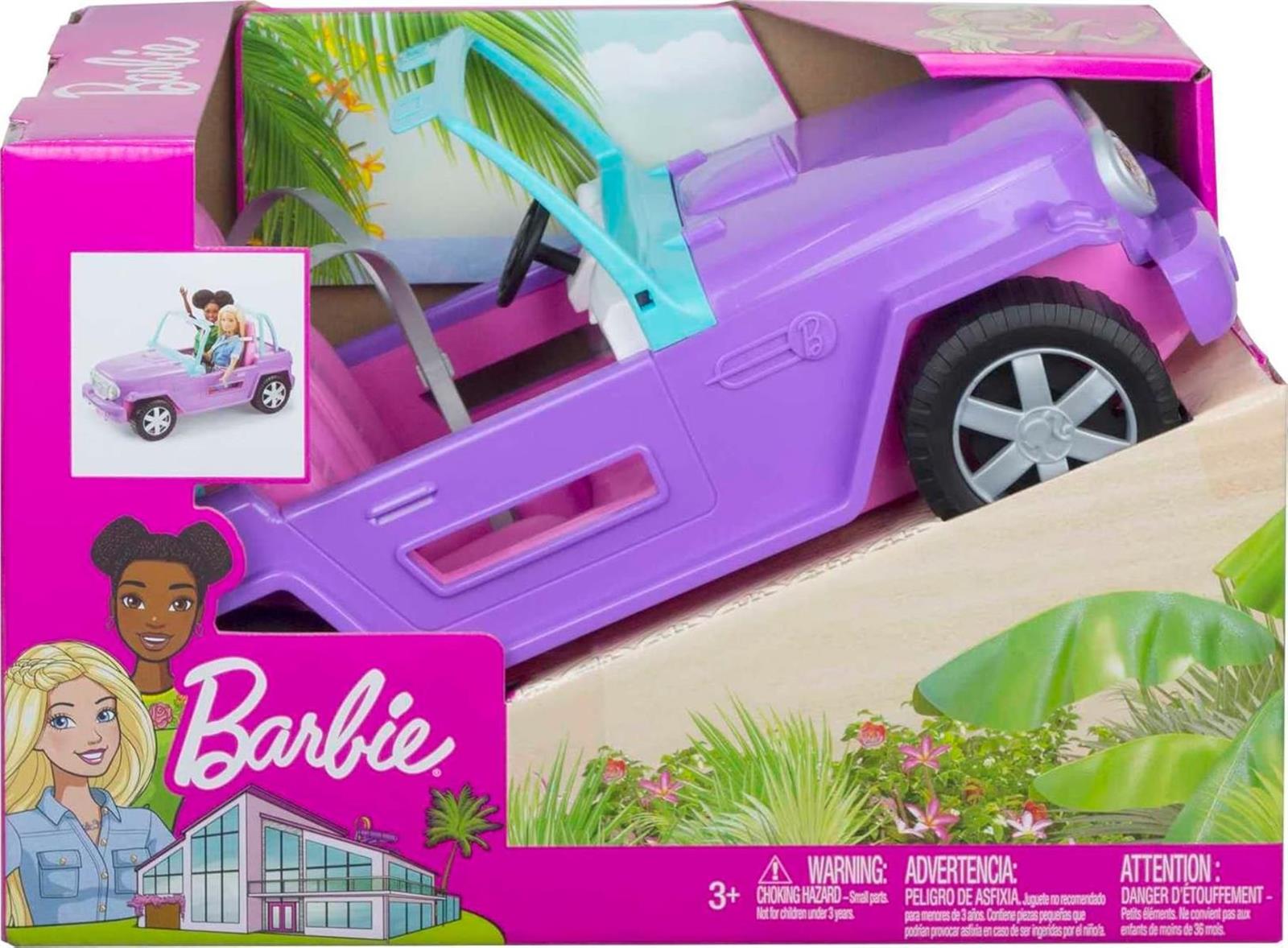 Barbie Jeep, Convertible Jeep, lila Jeep mit beweglichen Rädern, rosa Innenausstattung, Sicherheitsgurt, Barbiepuppe Nicht enthalten, Geschenk für Kinder, Spielzeug ab 3 Jahre,GMT46