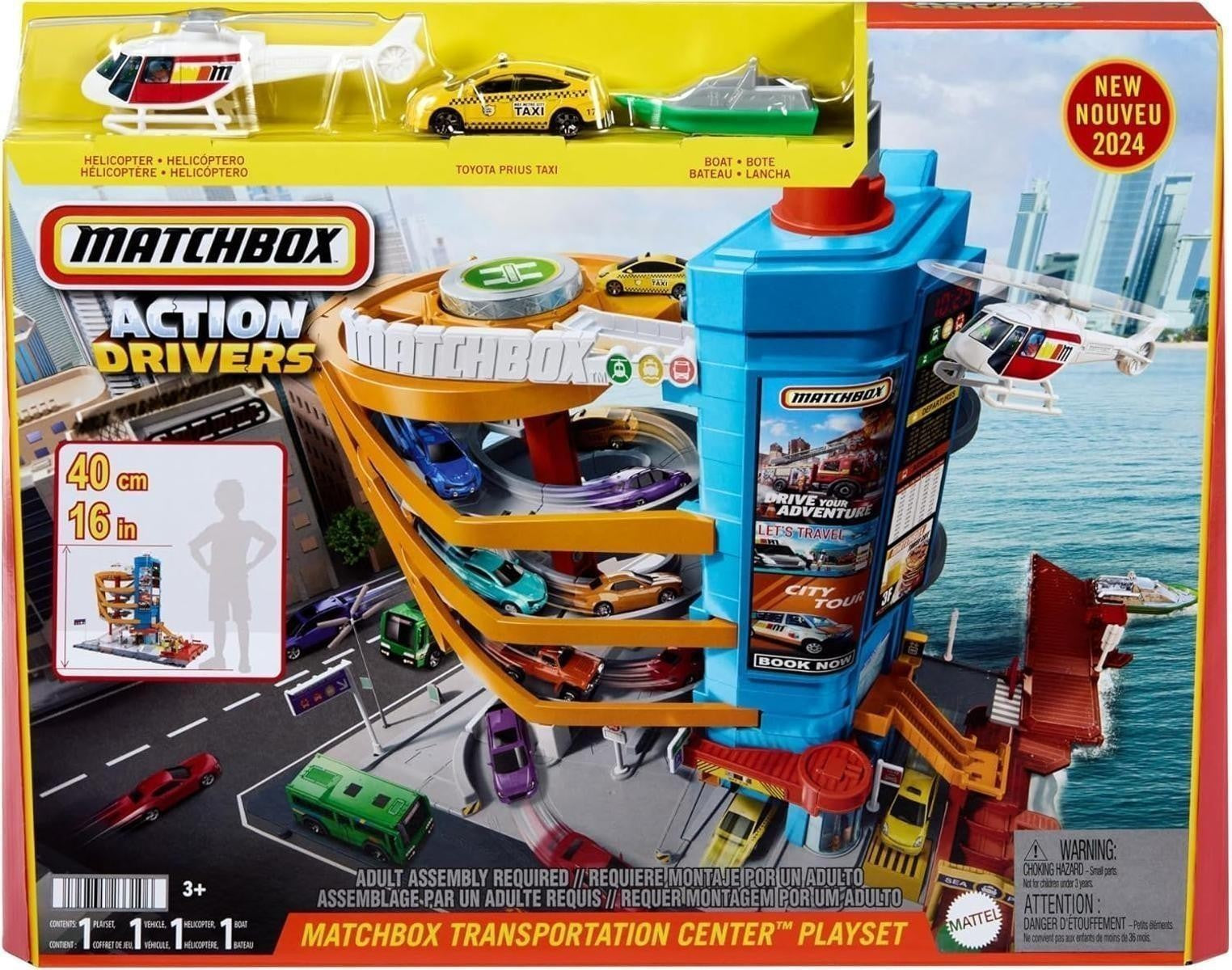 Matchbox Spielzeugautos und Spielset, Transport-Center mit 5 Etagen, von Kindern und Autos aktivierbare Funktionen, enthält Taxi, Boot und Hubschrauber im Maßstab 1:64 sowie Essensverkäufer-Accessoire