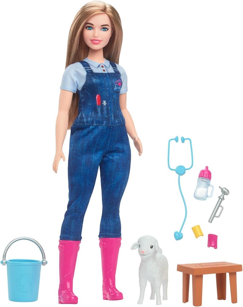 Barbie Puppe zum 65. Jubiläum und 10 Zubehörteile, Hoftierärztin-Set mit Blonder Tierärztin-Puppe, Lamm mit bewegbaren Ohren und mehr, HRG42