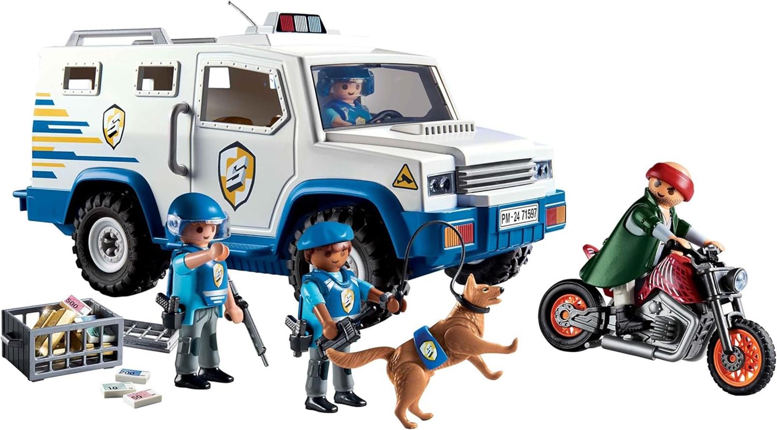 PLAYMOBIL Action Heroes 71597 Geldtransporter, spannende Ganovenjagd, inklusive DREI Polizisten, einem Ganoven auf einem Motorrad und einem Polizeihund, actionreiches Spielzeug für Kinder ab 4 Jahren