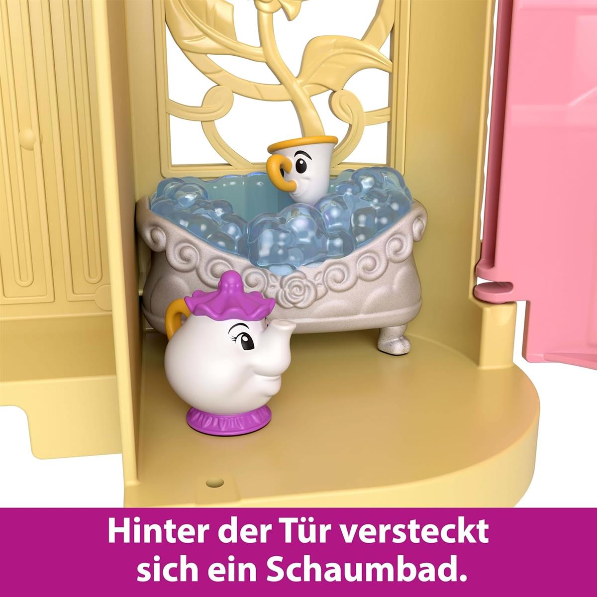 Mattel Disney Prinzessin-Spielzeug Belles Stapelschloss Puppenhaus-Spielset mit kleiner Puppe und 9 Teilen inspiriert von dem Disney-Film Reisespielzeug und Geschenke für Kinder JDP54