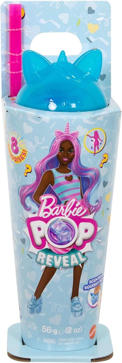 Barbie Pop Reveal Set aus Puppe und Accessoires, Shakes-Serie, duftende Einhorn-Modepuppe & Haustier, 8 Überraschungen inklusive Farbwechsel, JCN86