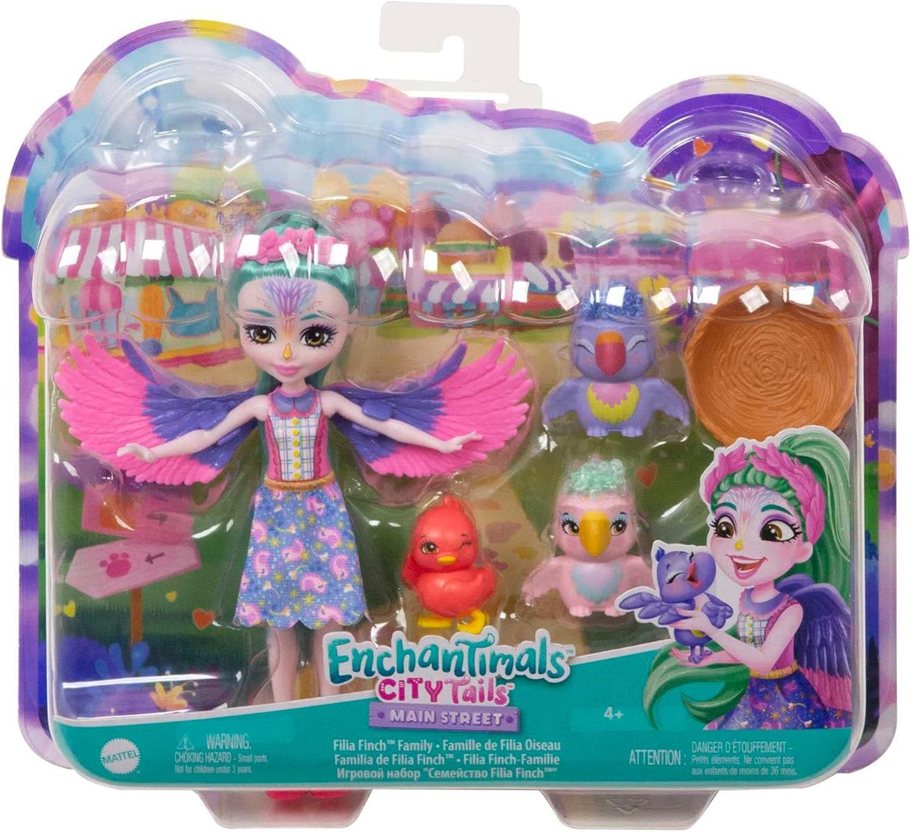 Enchantimals Puppen | City Tails Puppe Filia Finch, Tierfreund Tropic und 2 Vogelfiguren, Kleine Puppe mit abnehmbarem Rock und Zubehör, Geschenke für Kinder, HKN15
