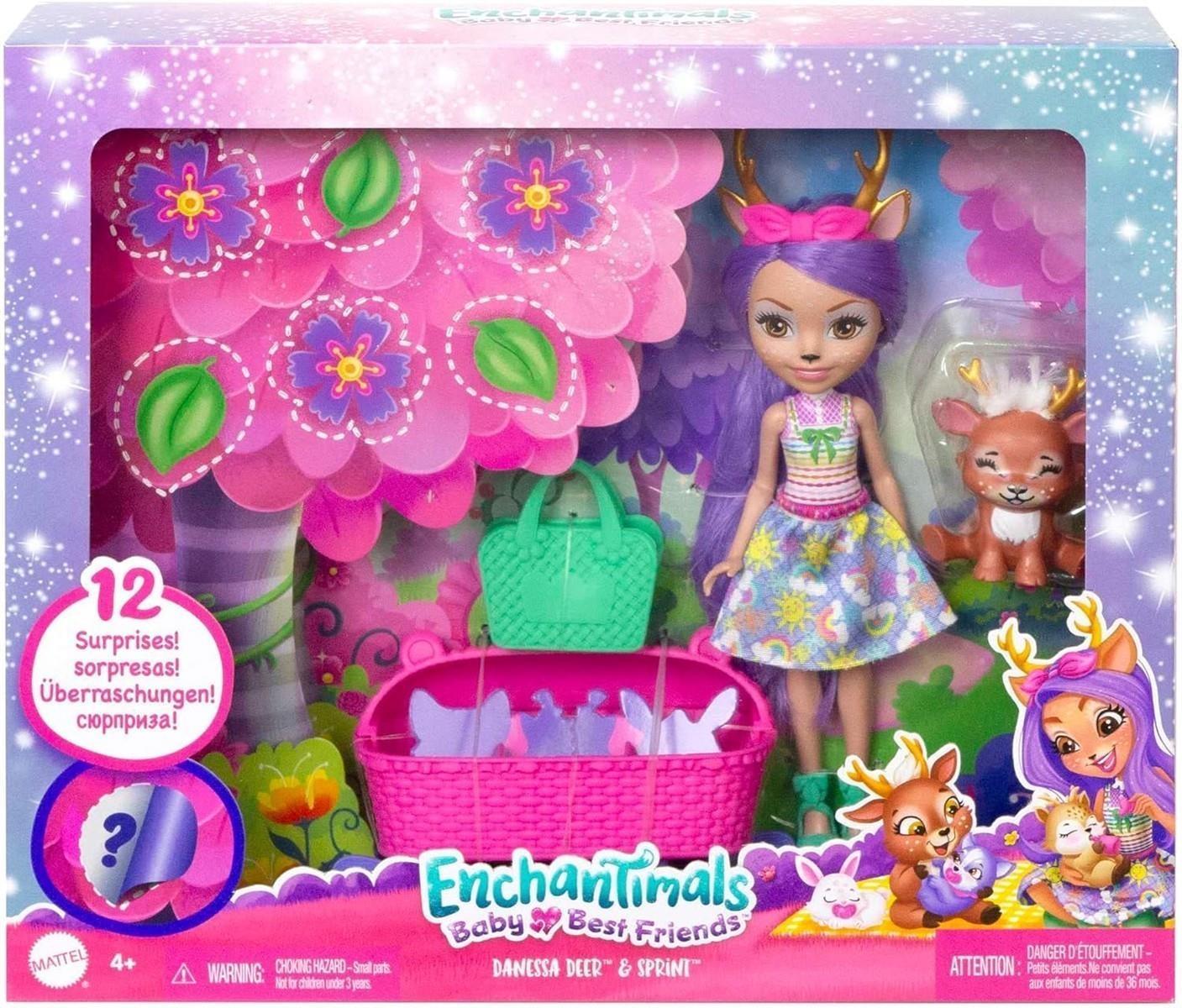 Enchantimals Baby Best Friends - Danessa Deer und Sprint Puppe mit 12 Überraschungen in jeder Box, 9 Baby-Zubehörteile, Babytragesitz und Wickeltasche, für magischen Sammelspaß, HLK84