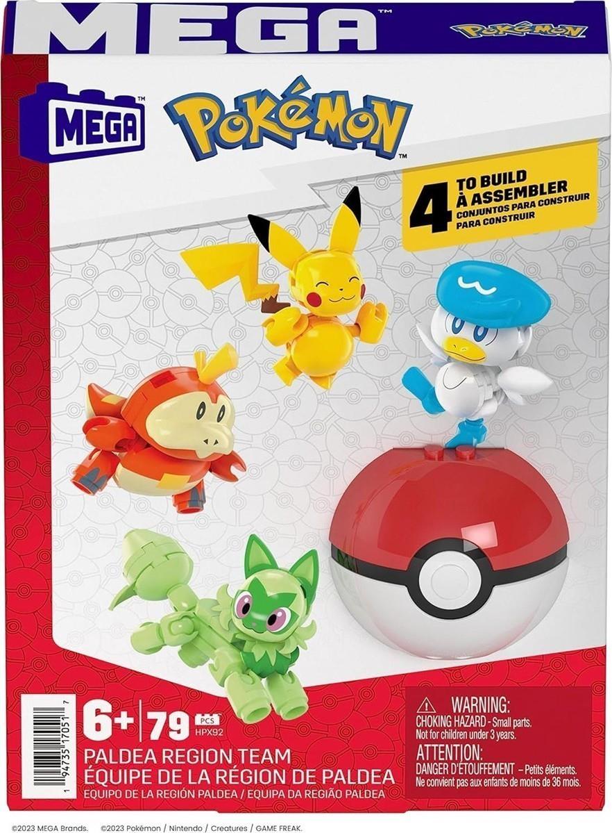 MEGA POKÉMON Paldea-Region - Pikachu und die ersten Partner-Pokémon Felori, Krokel und Kwaks, Zusammenbaubares und bewegliches Set mit 4 Figuren und 1 Pokéball zum Ausstellen, HPX92